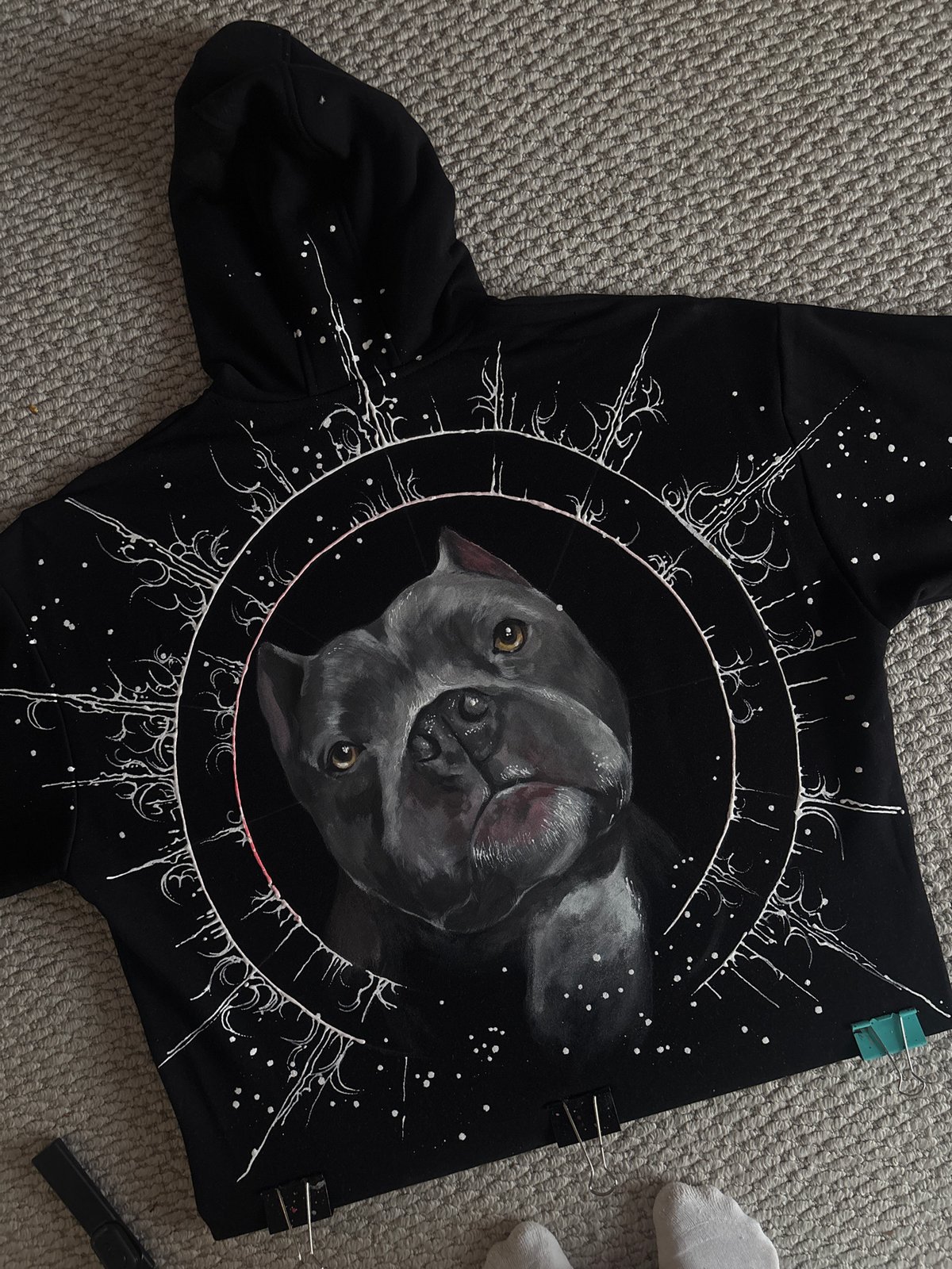 Hand-painted dog portrait hoodie spotted in Krasnoyarsk