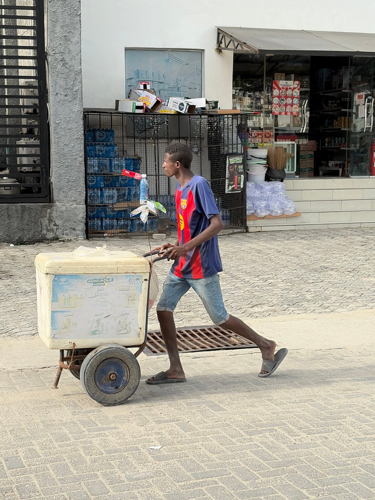 DHL van parks as man carries bamboo poles in Igboefon