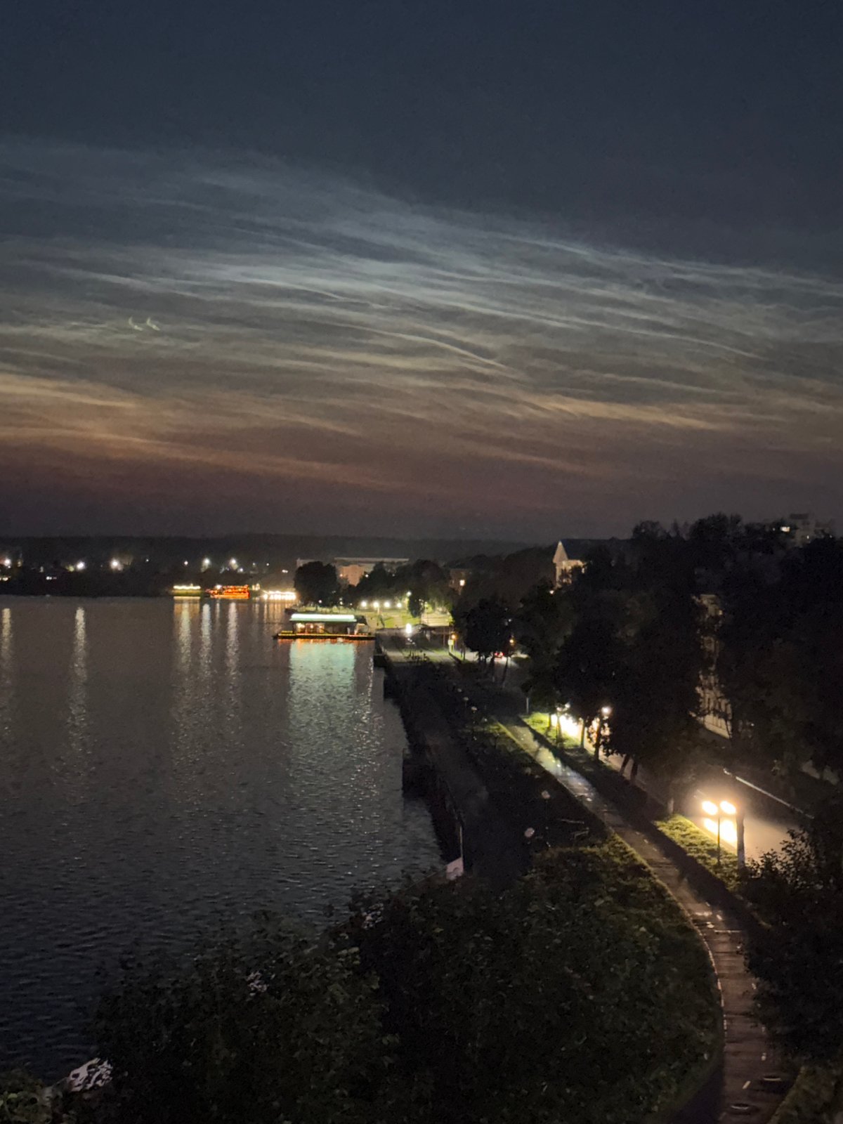 Noctilucent clouds over Votkinsk Reservoir on a summer night