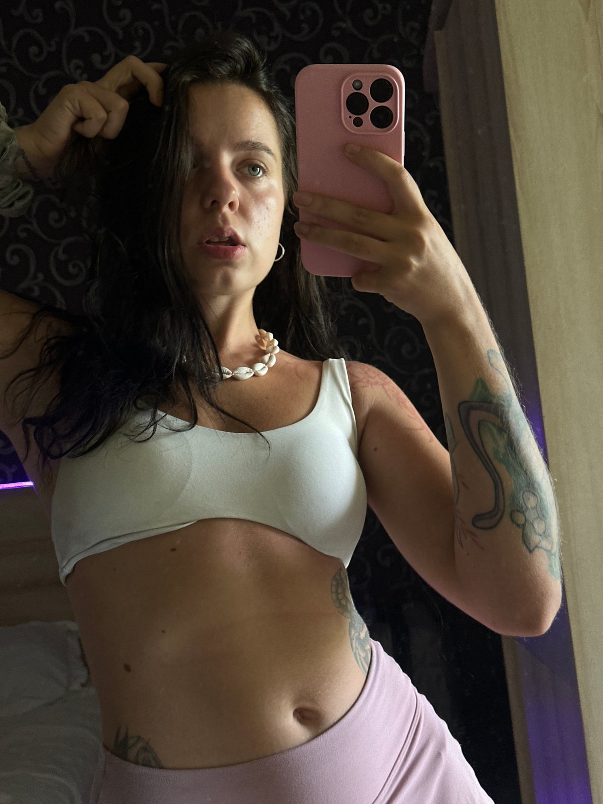Mirror selfie series in a bedroom, same outfit and setting