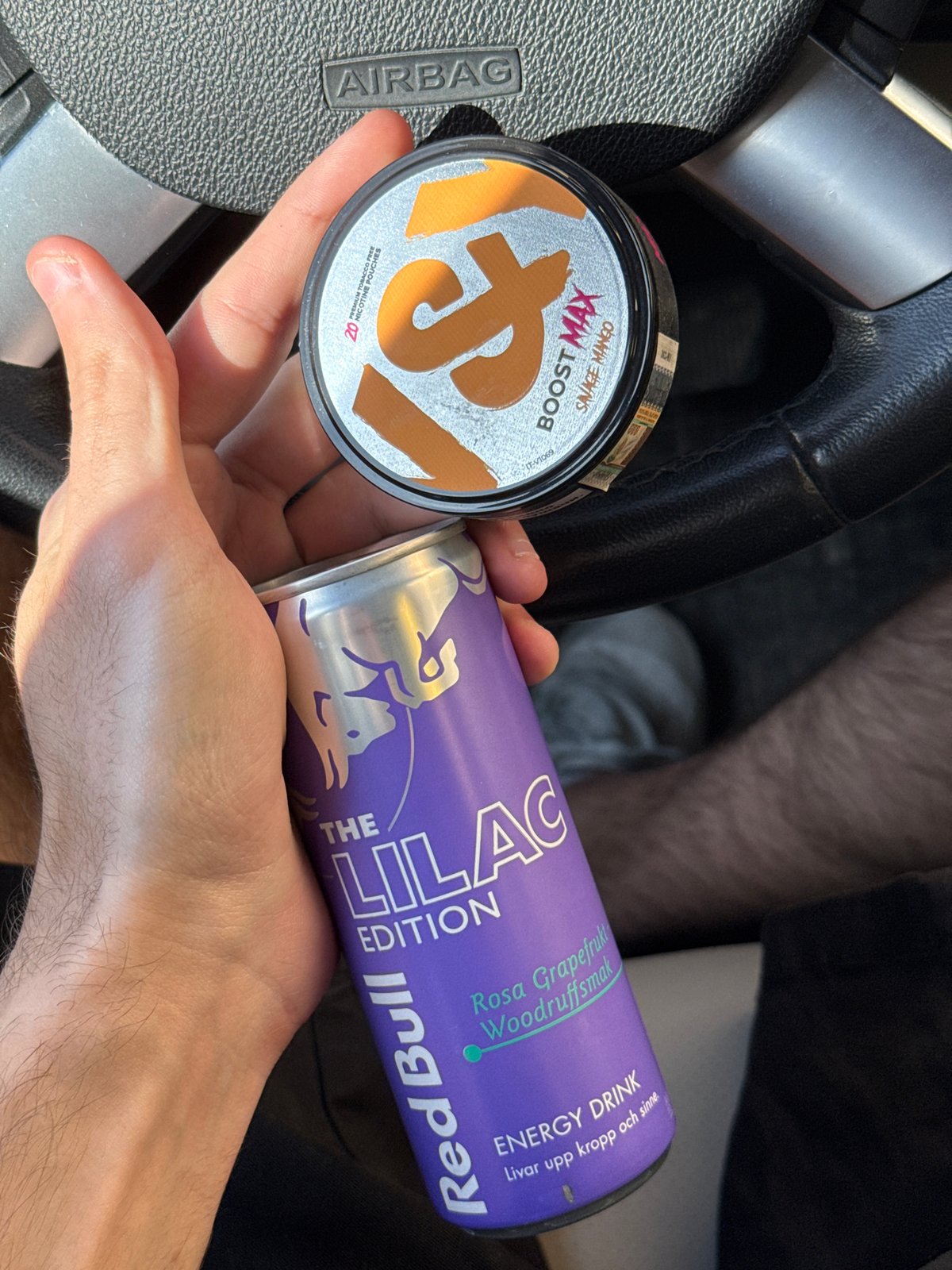 Person displays energy drink, nicotine products in Kozloduy