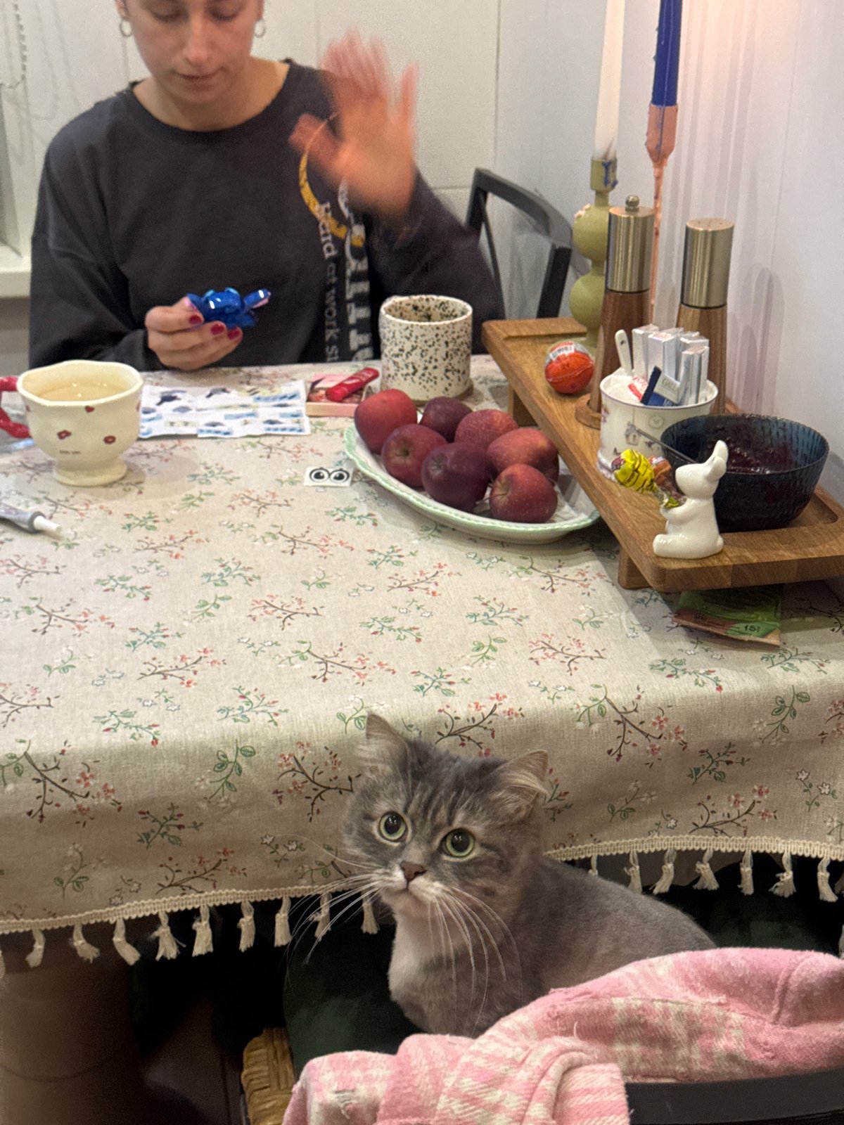 Woman dining at home table in Moscow residential setting