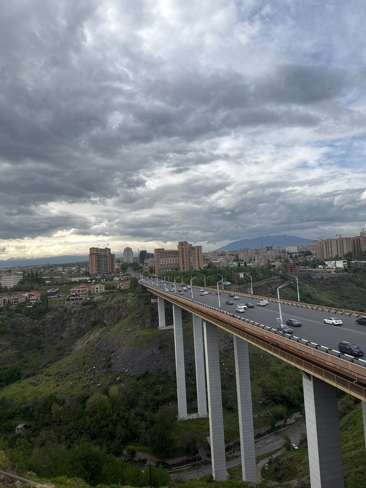 Aerial view shows traffic crossing Davtashen Bridge in Yerevan