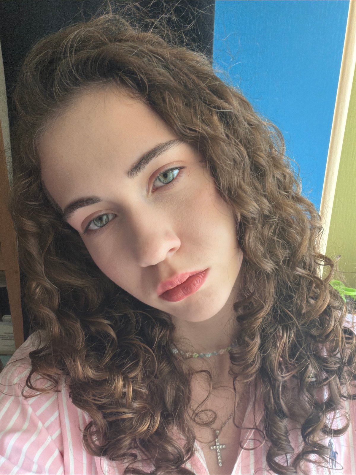 Series of selfies in a pink striped shirt, Zavodoukovsk