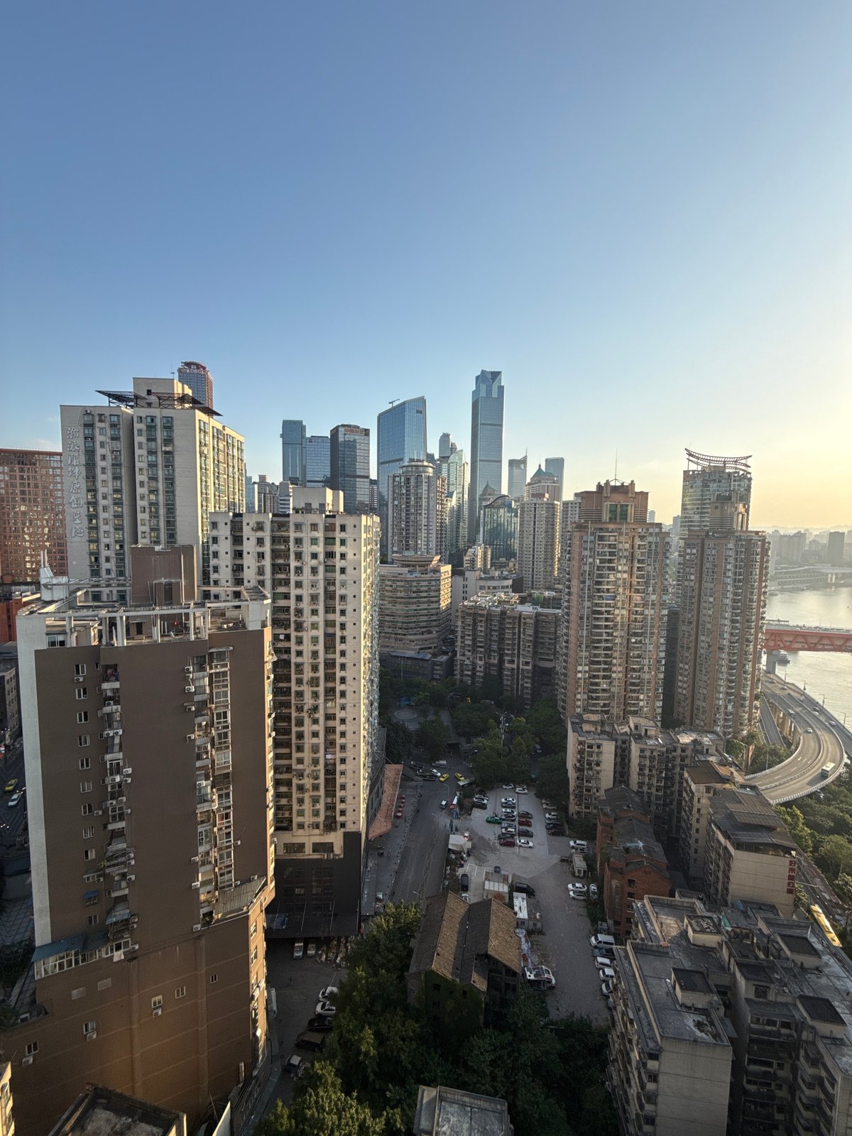 Aerial views over Chongqing's dense Yuzhong District skyline