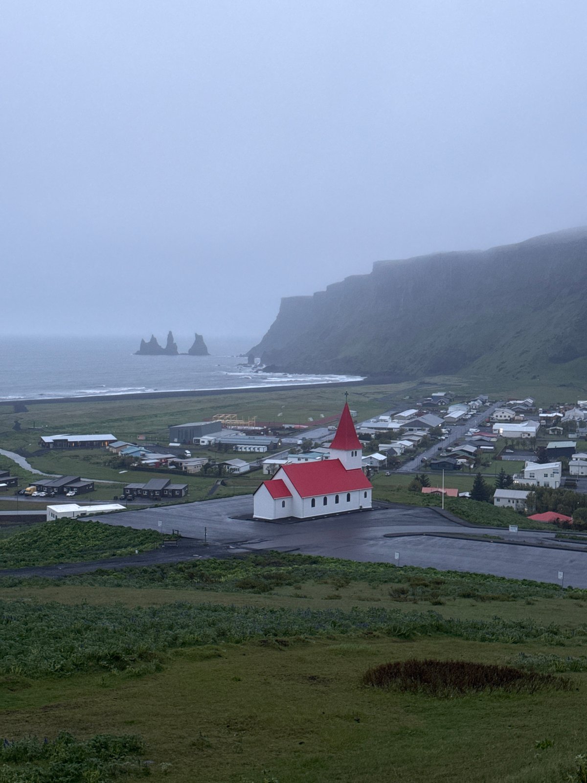 Rainy evening documented in Vik, Iceland's coastal village