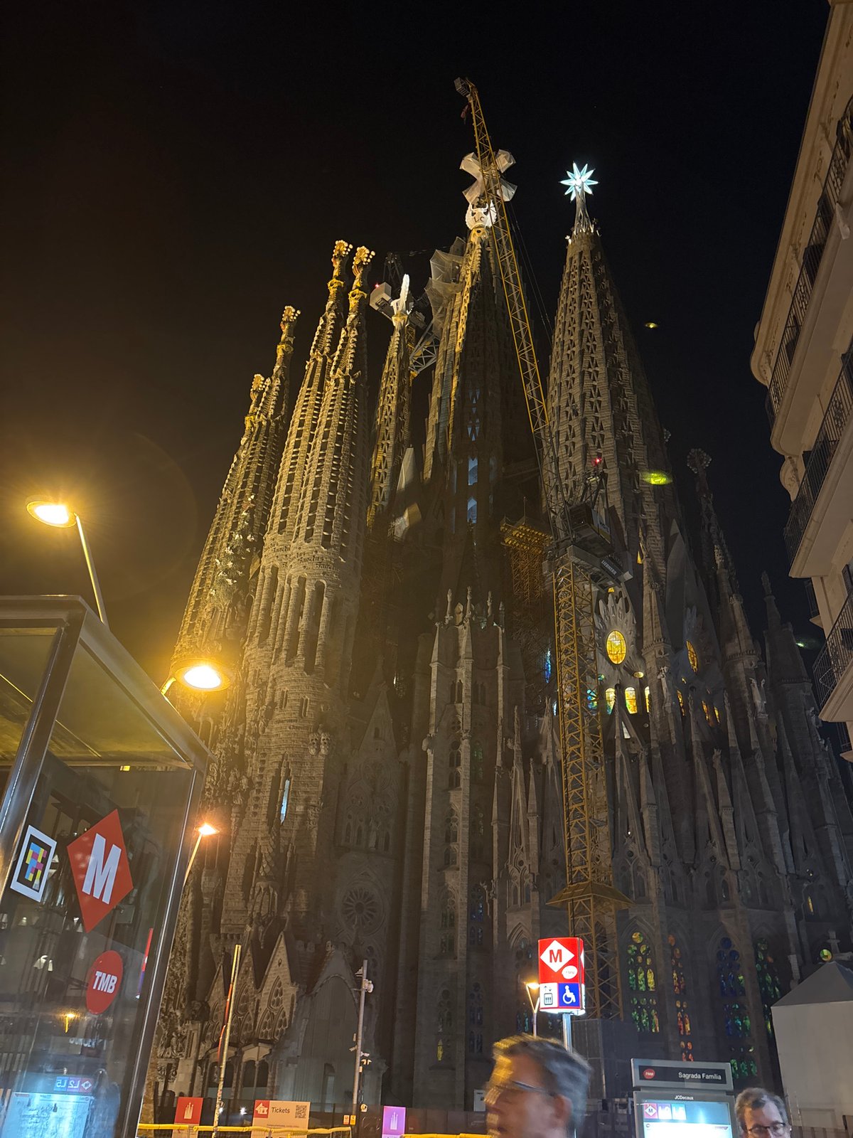 Sagrada Familia basilica photographed illuminated at night in Barcelona