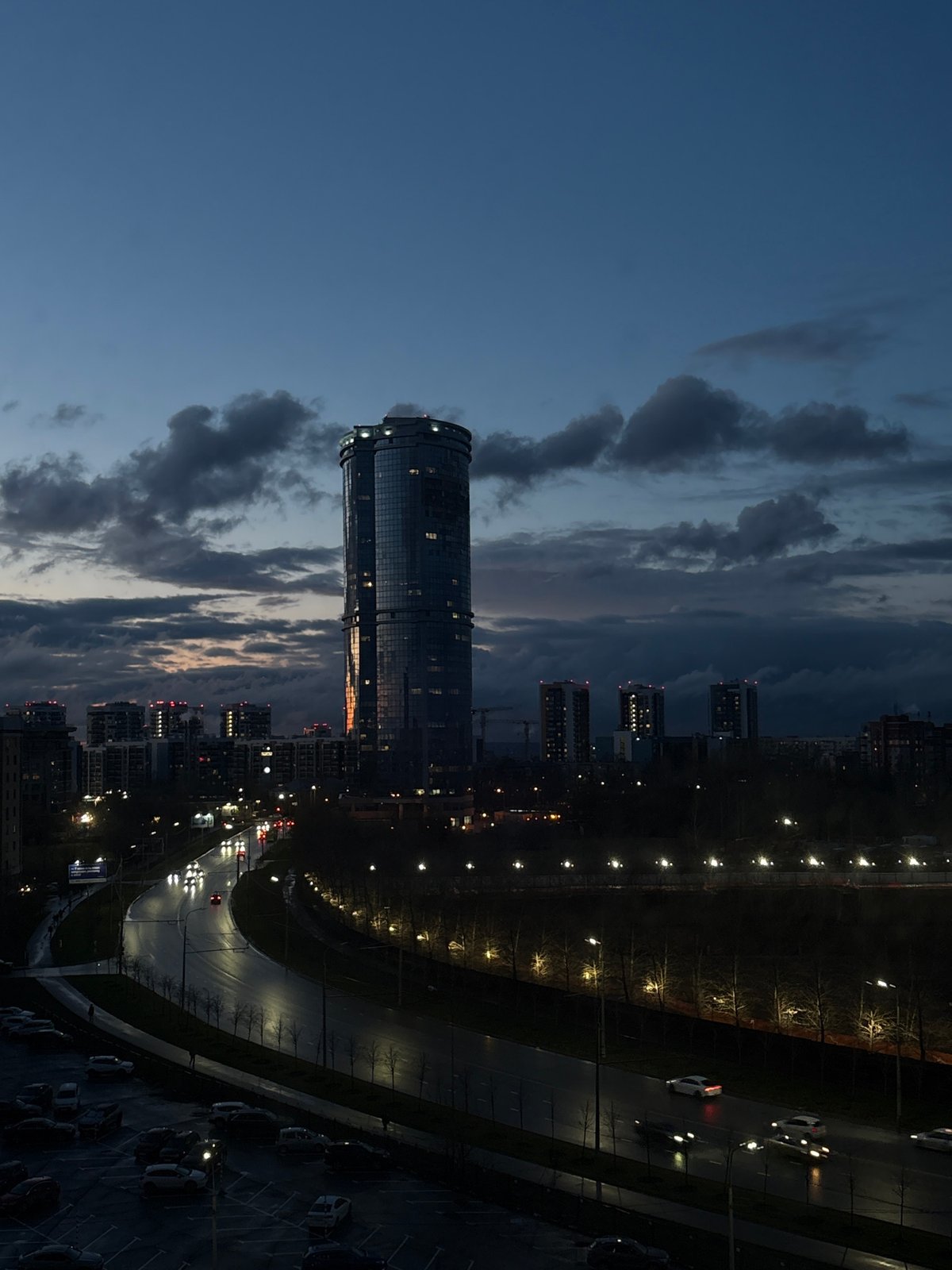 Twilight cityscape captured from elevated viewpoint in Kazan, Russia