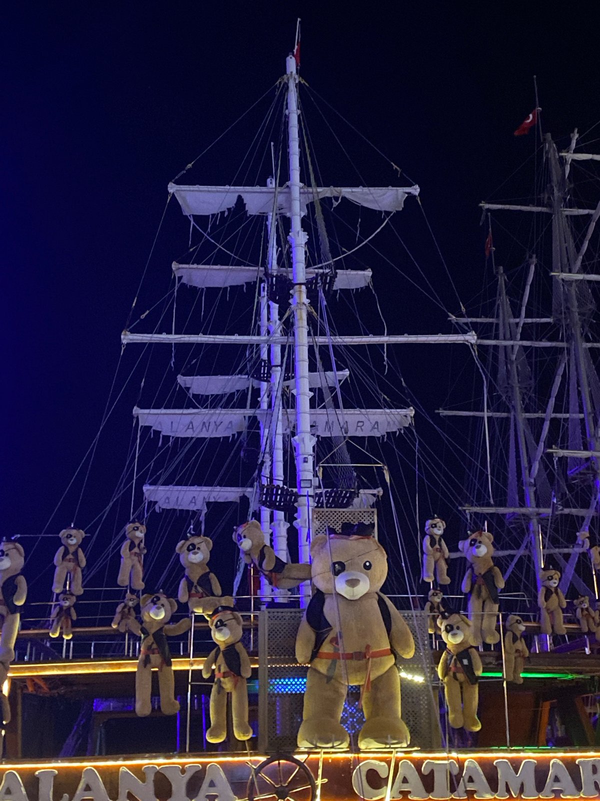 Illuminated sailing ship replica display spotted in Alanya, Turkey