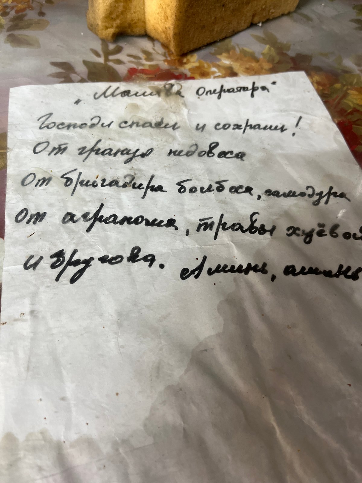 Russian prayer note and mating flies observed on patterned surface