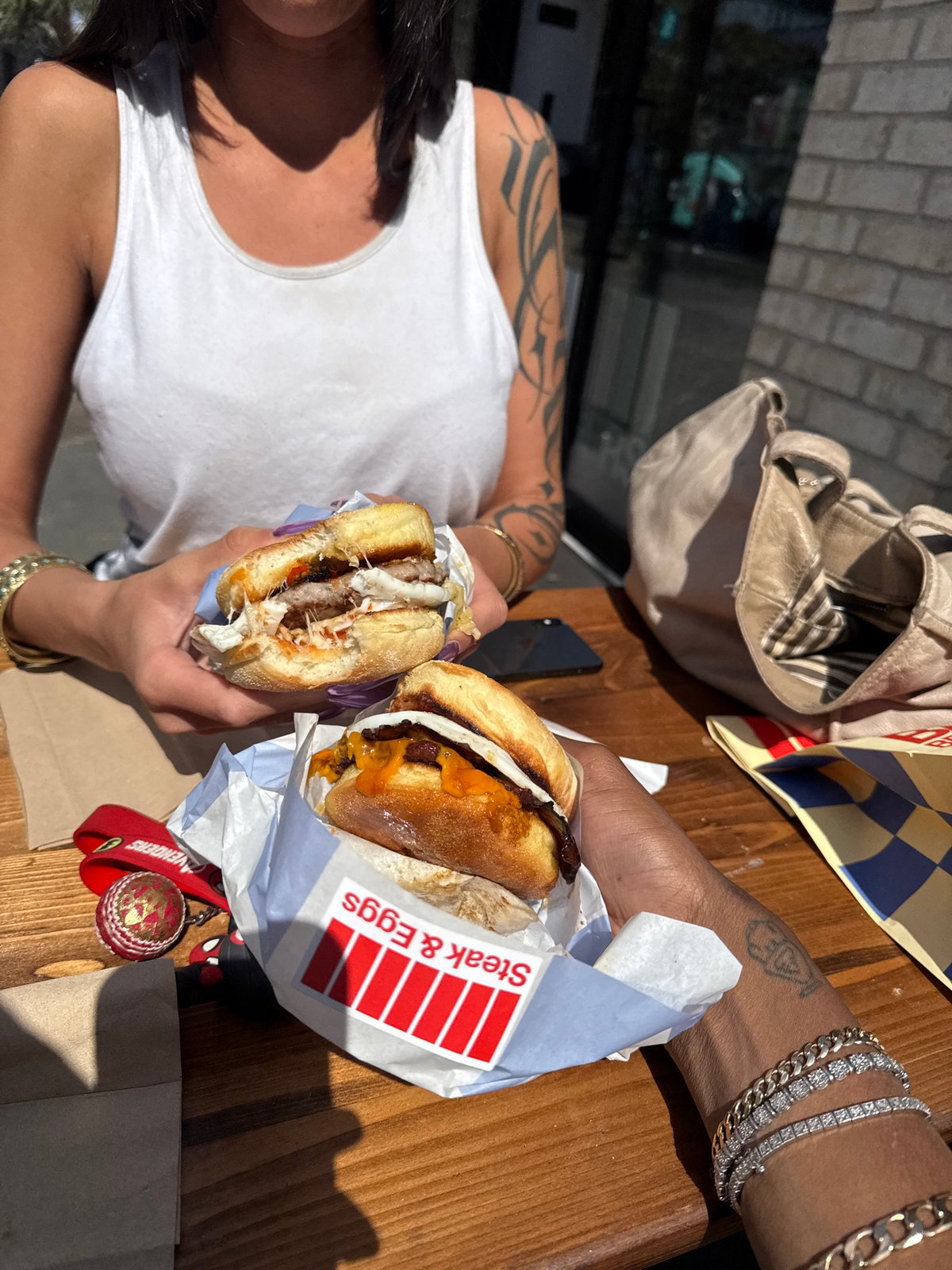Outdoor lunch with sandwiches and matcha drinks in London