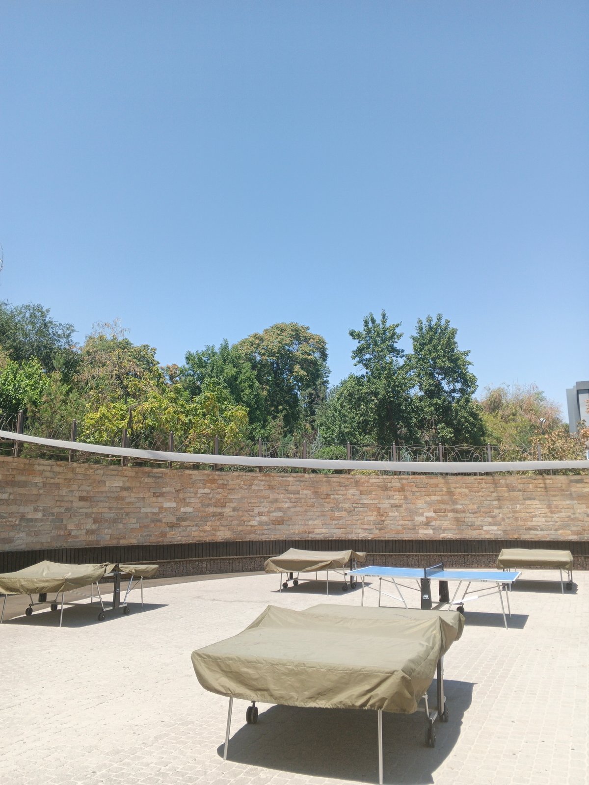 Outdoor rec area with courts, pathways, and a classic car