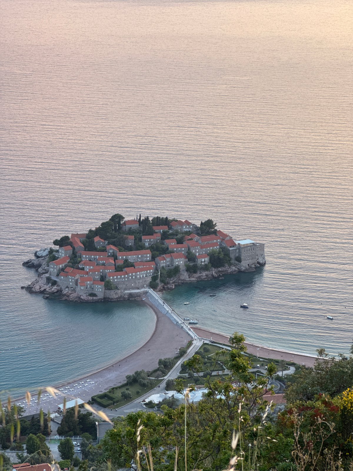Sunset captured at Montenegro's historic Sveti Stefan island resort