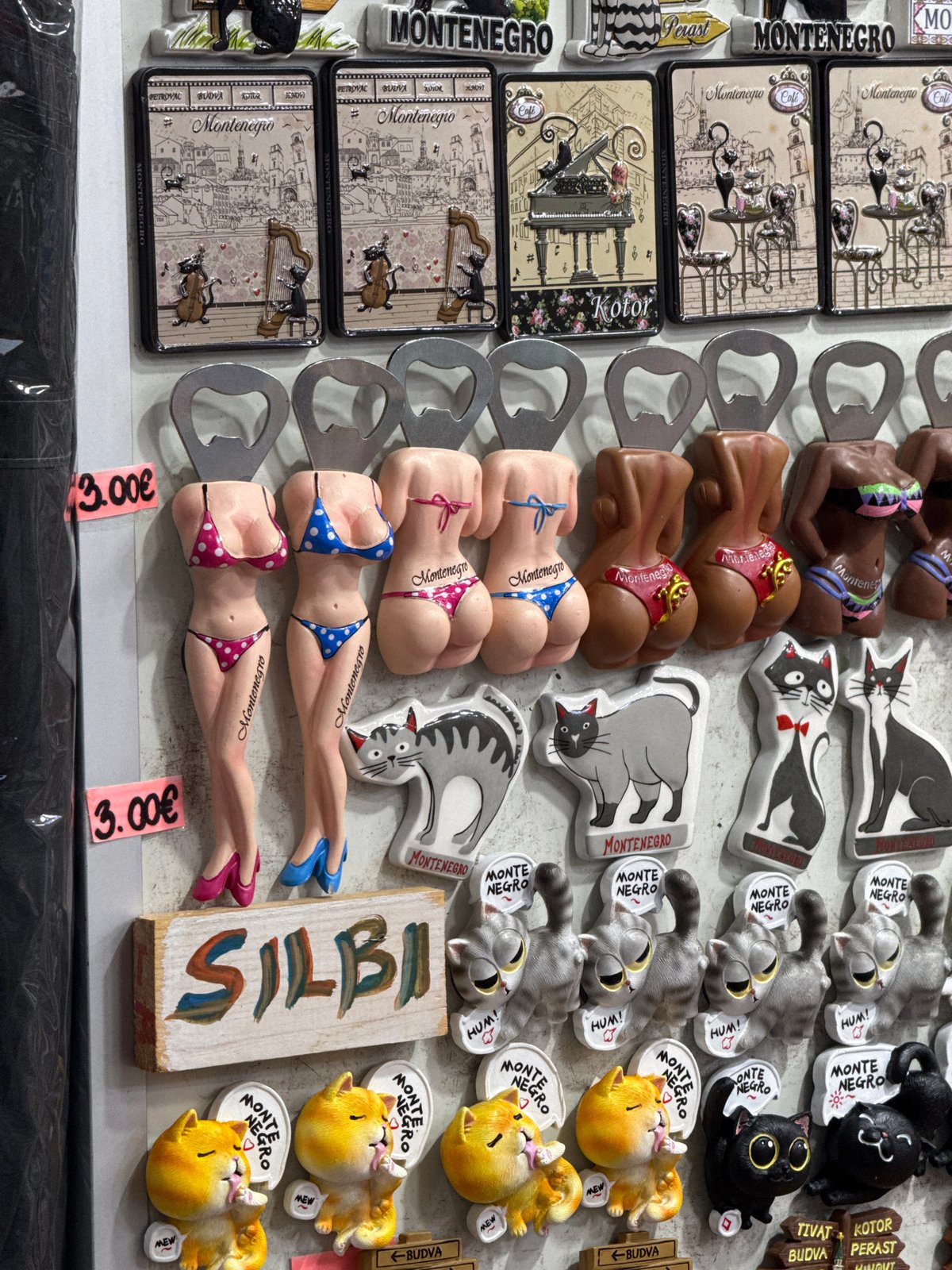 Tourist souvenirs displayed for sale in Budva shop