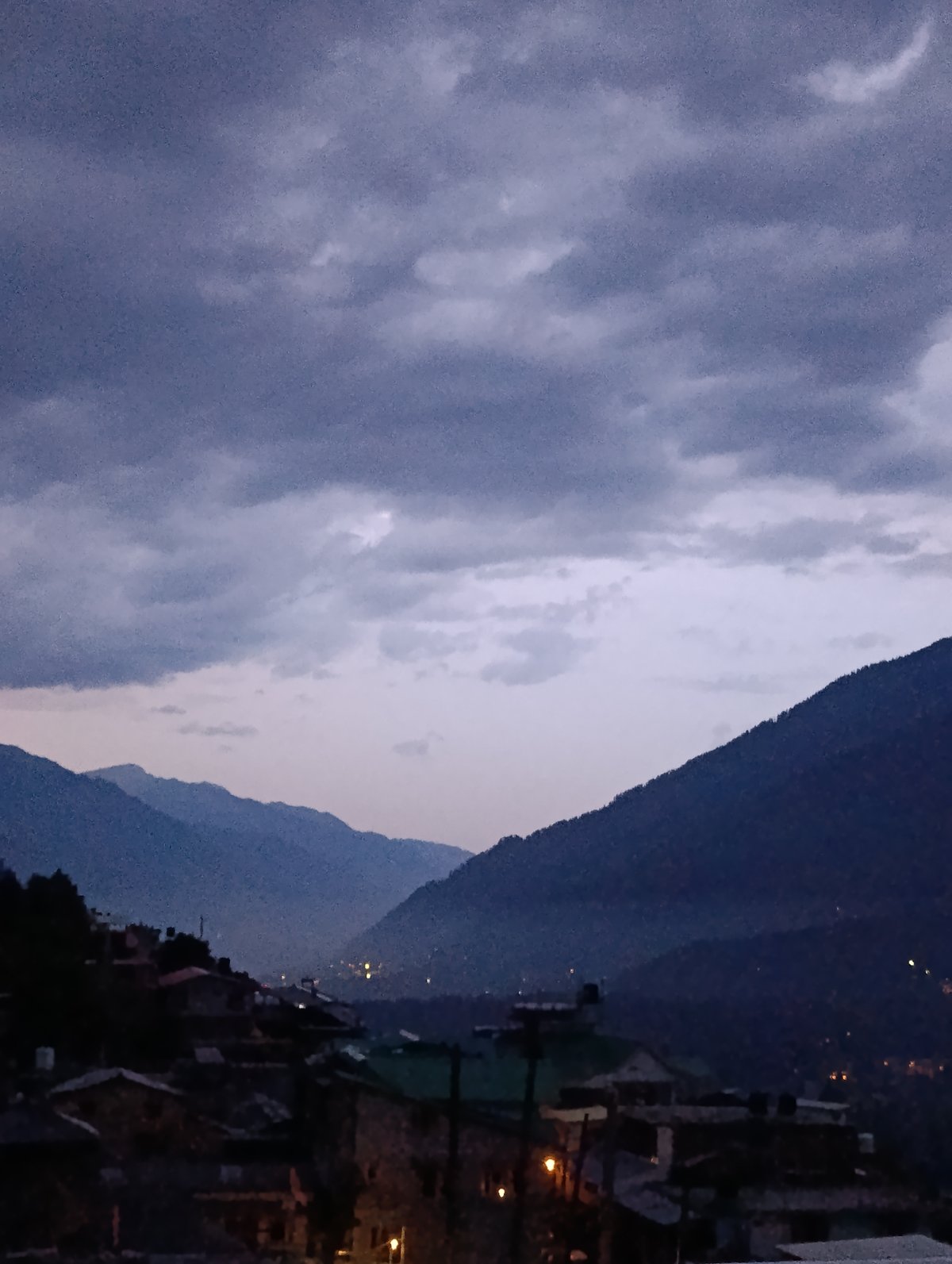 Dusk to night over Vashisht, stormy skies and valley lights