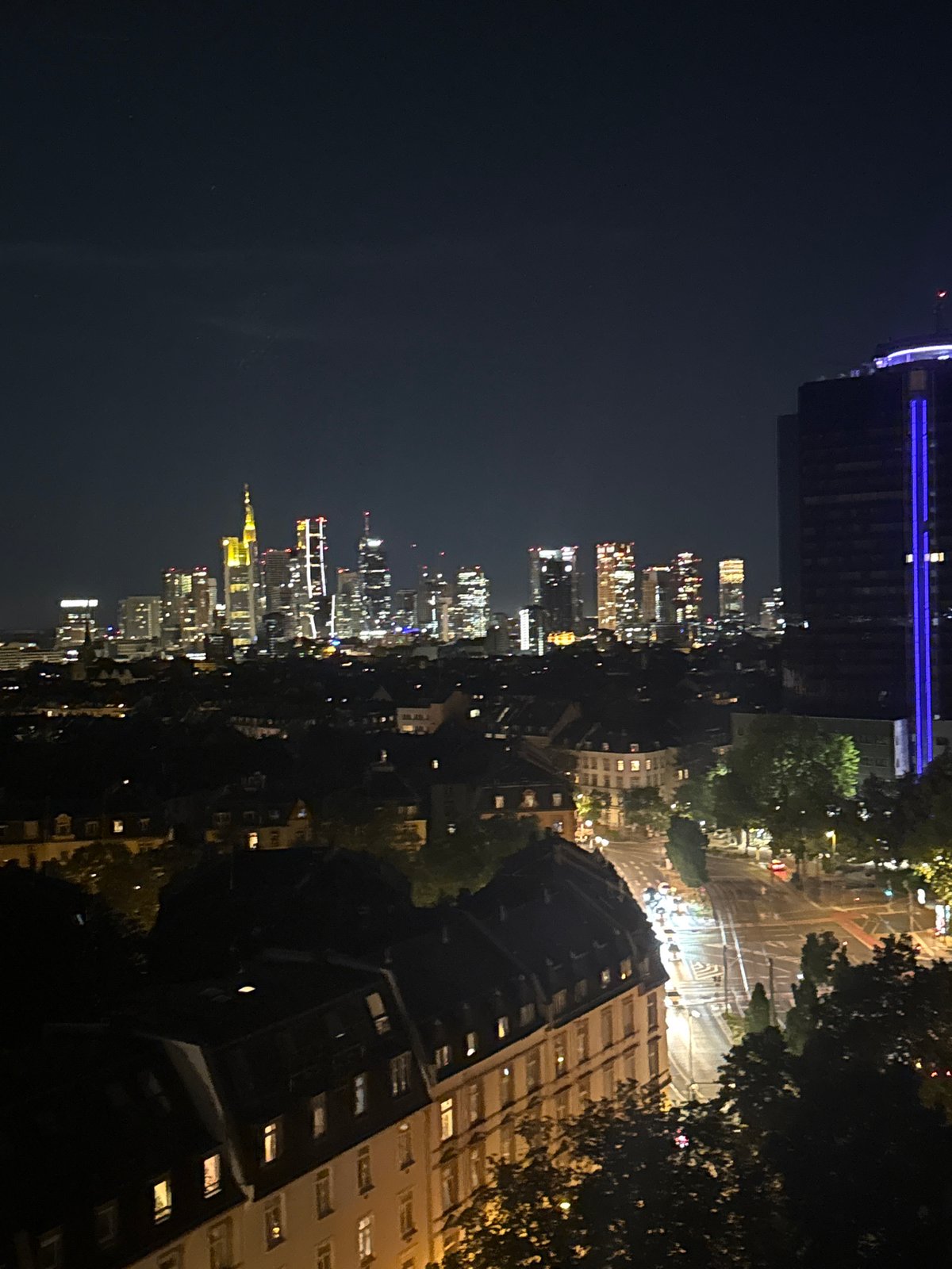Frankfurt nighttime cityscape documented from elevated residential viewpoint