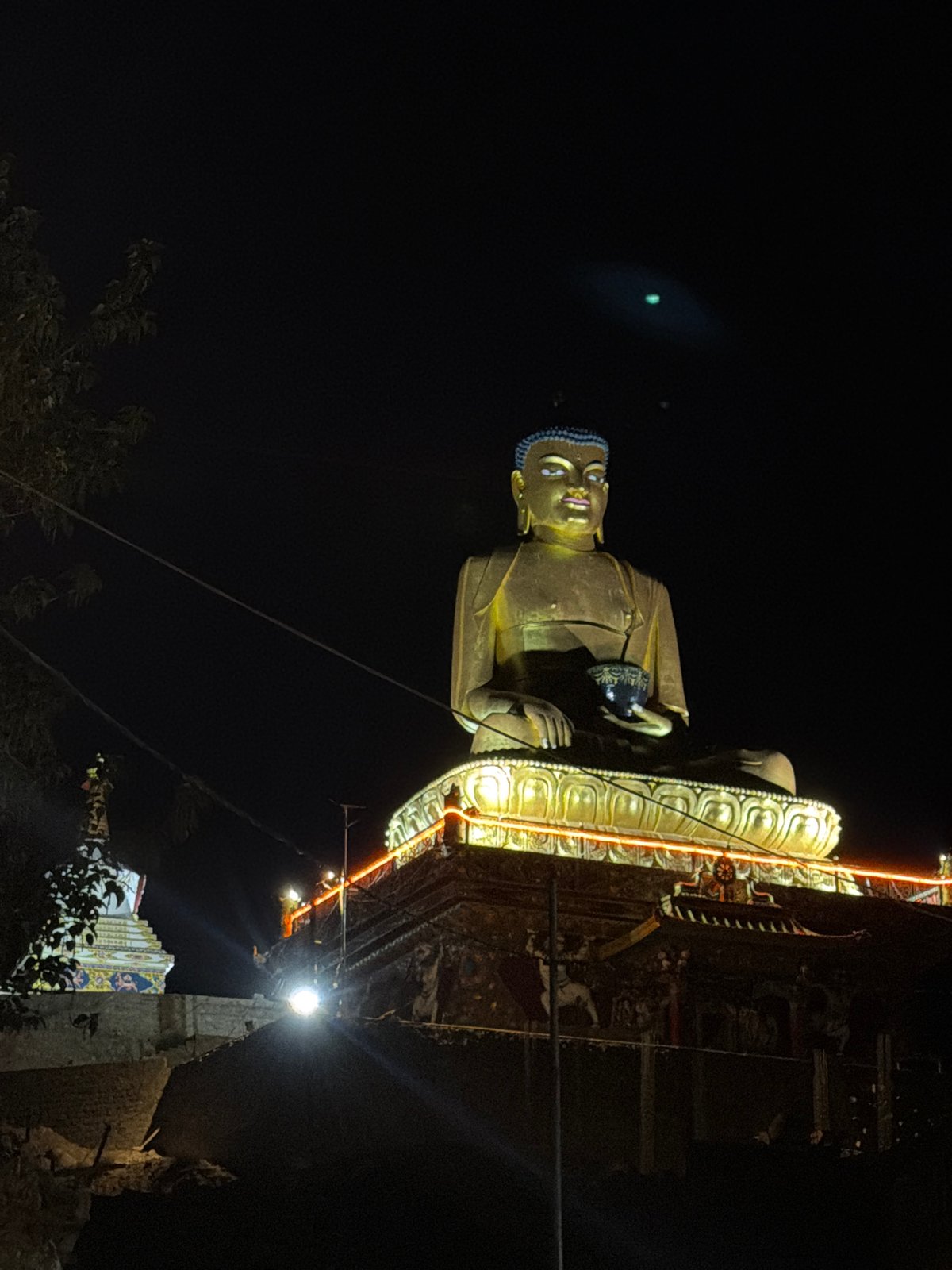 Golden Buddha statue glowing at night in Leh, Ladakh