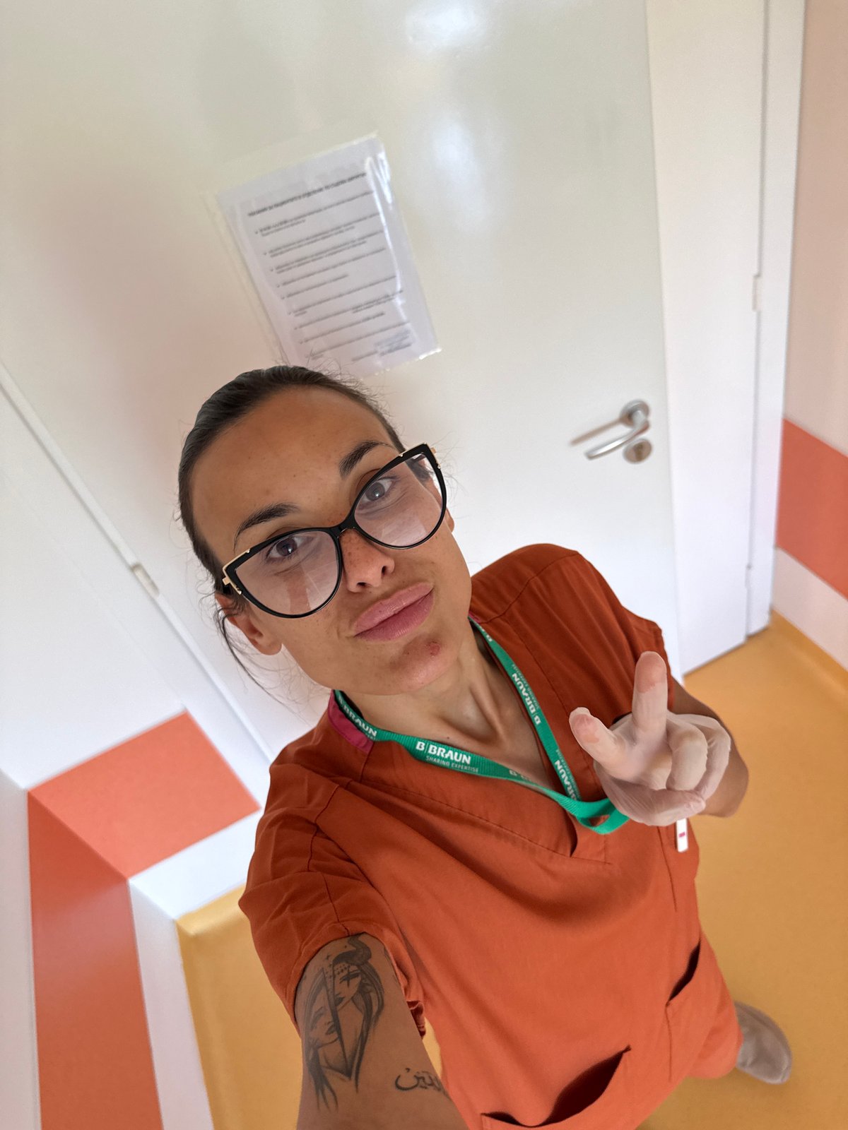 Morning selfie series at a Pleven medical facility, B. Braun lanyard throughout