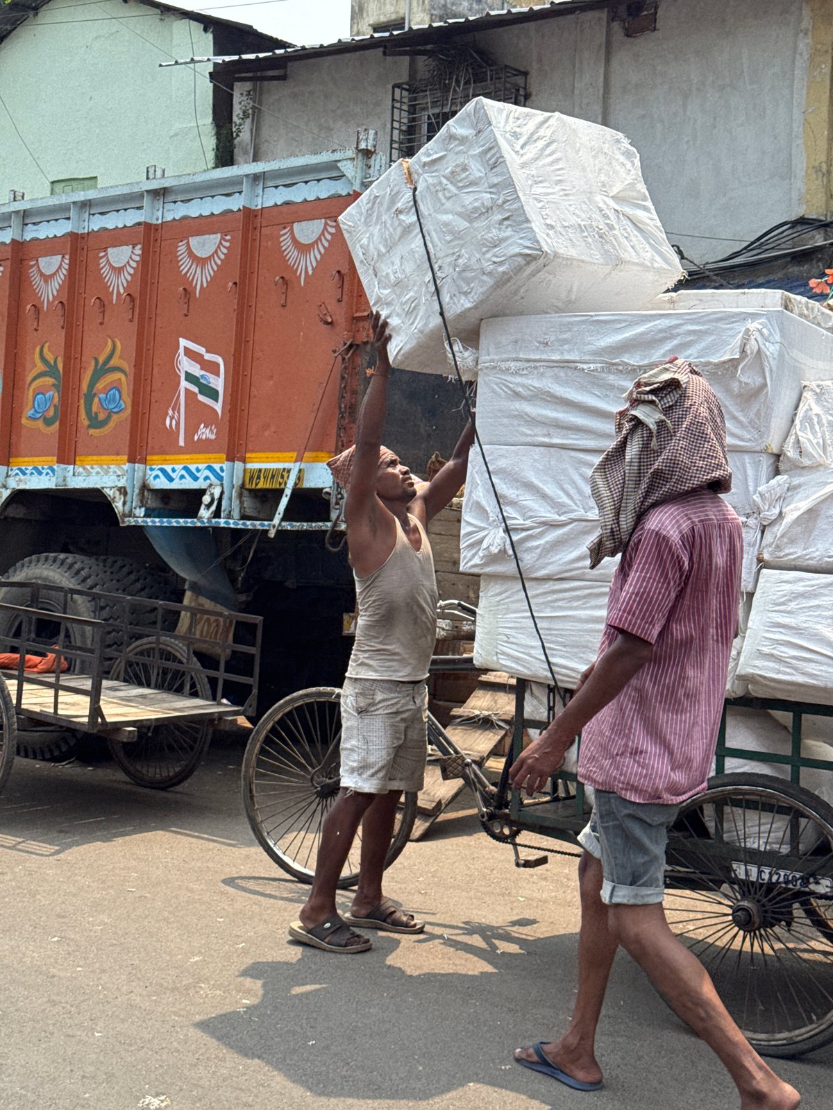 Early morning street life documented in Kolkata marketplace area