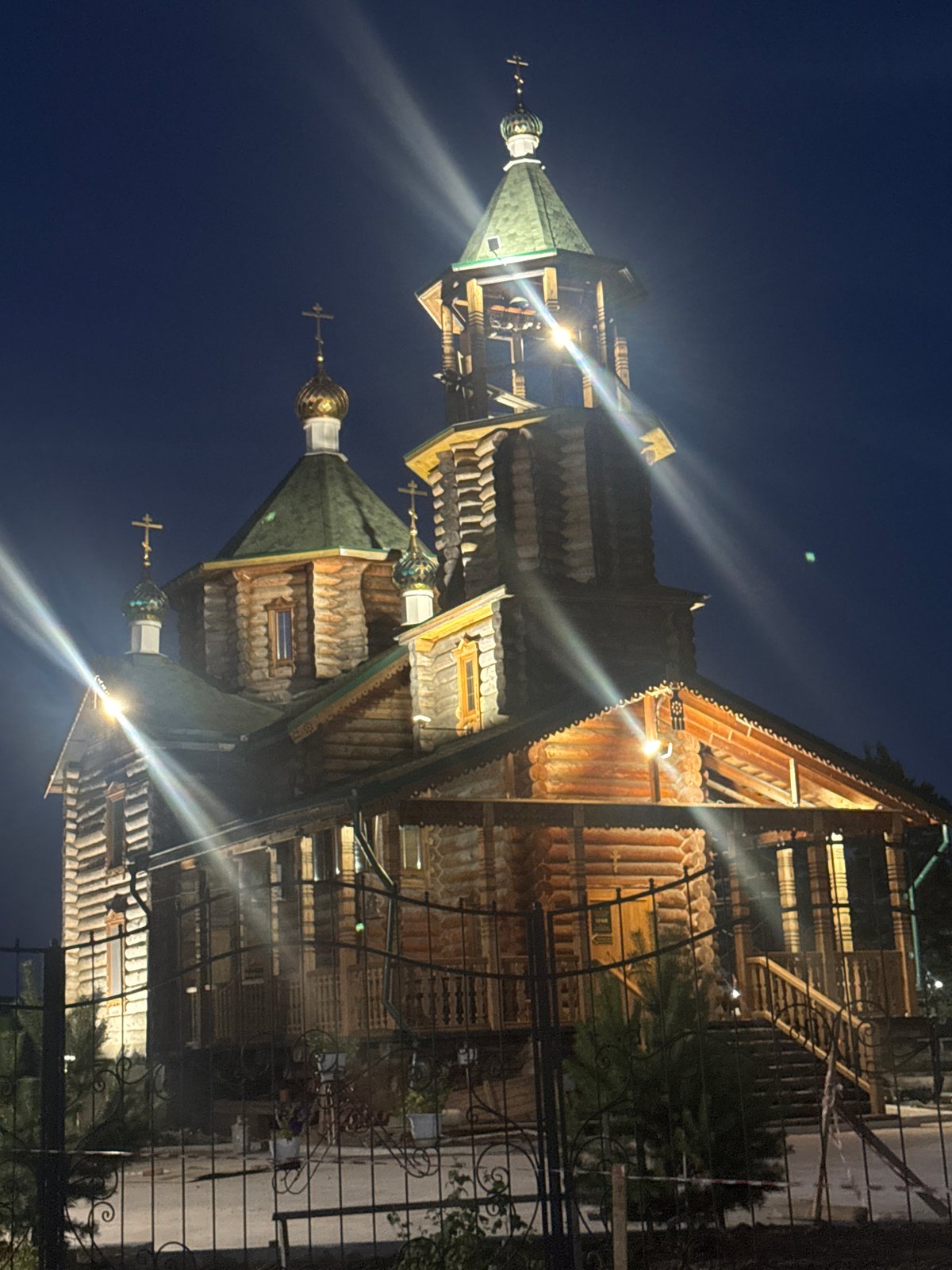 Nighttime at a lit Orthodox church in Komsomolsk-on-Amur