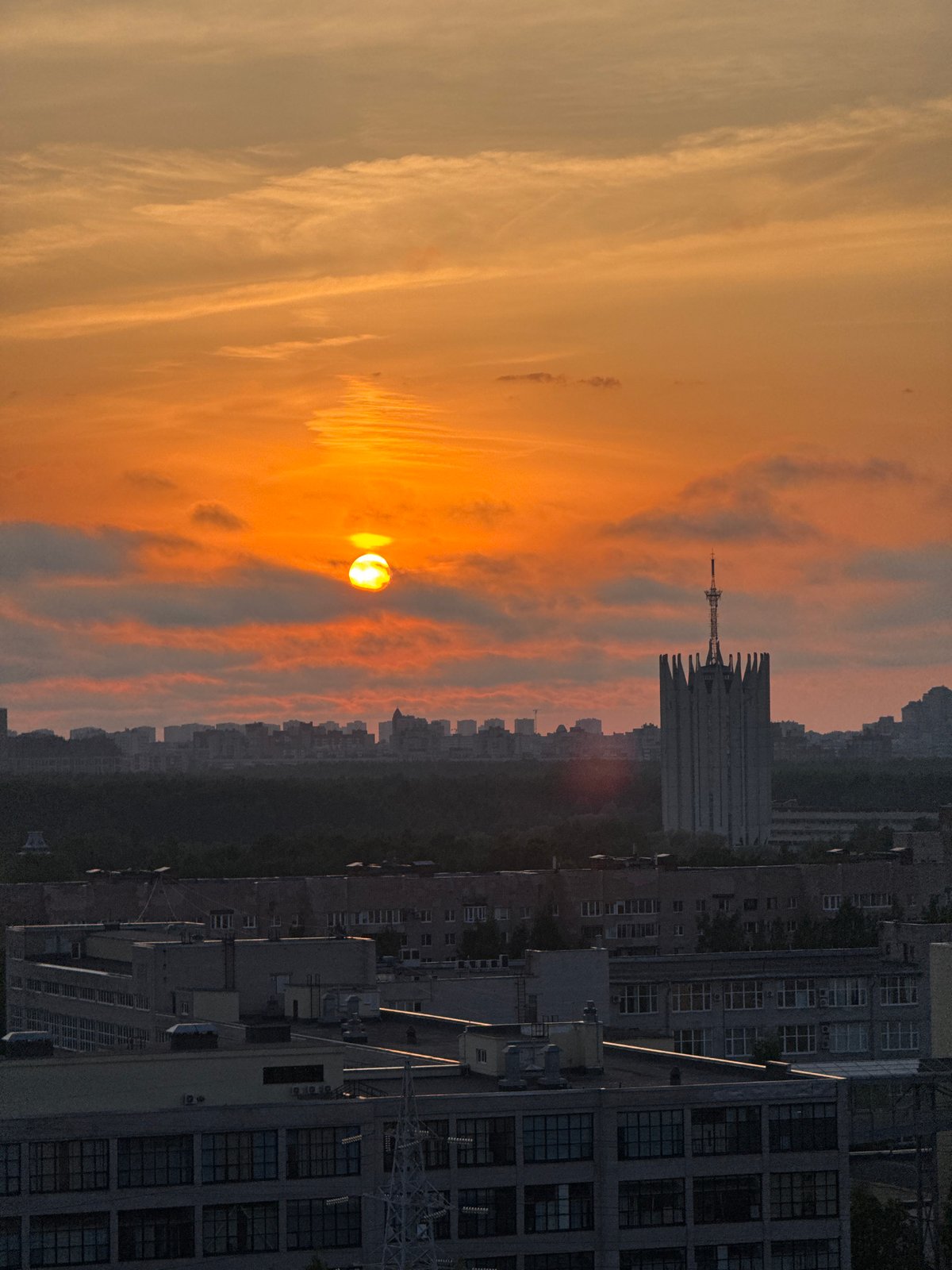 Sunset observed over Sinyavino, Russia cityscape