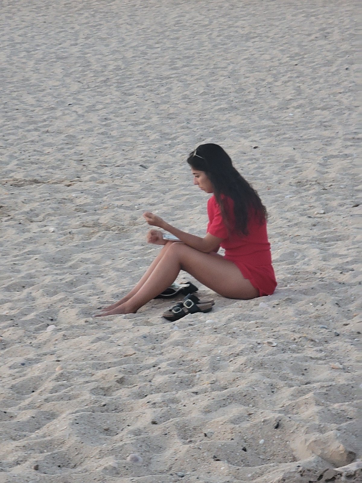 Sunset session on Quarteira beach, red dress and rippled sand