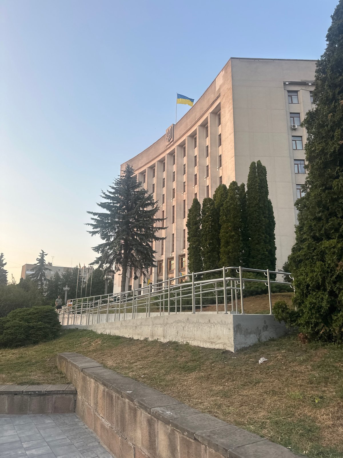 Ternopil city center at golden hour, streets and civic buildings