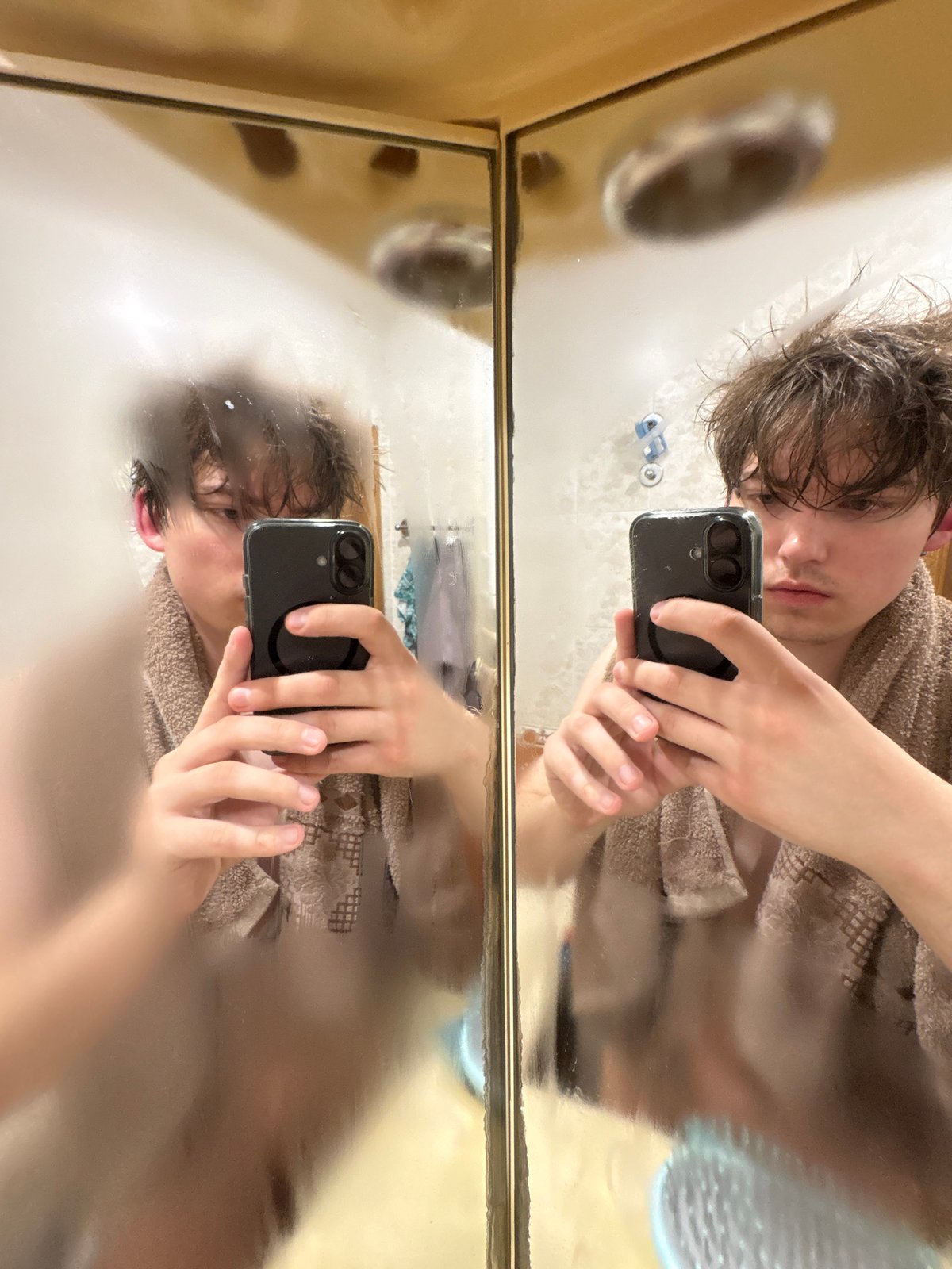 Post-shower bathroom selfie session in Dnipro, Ukraine