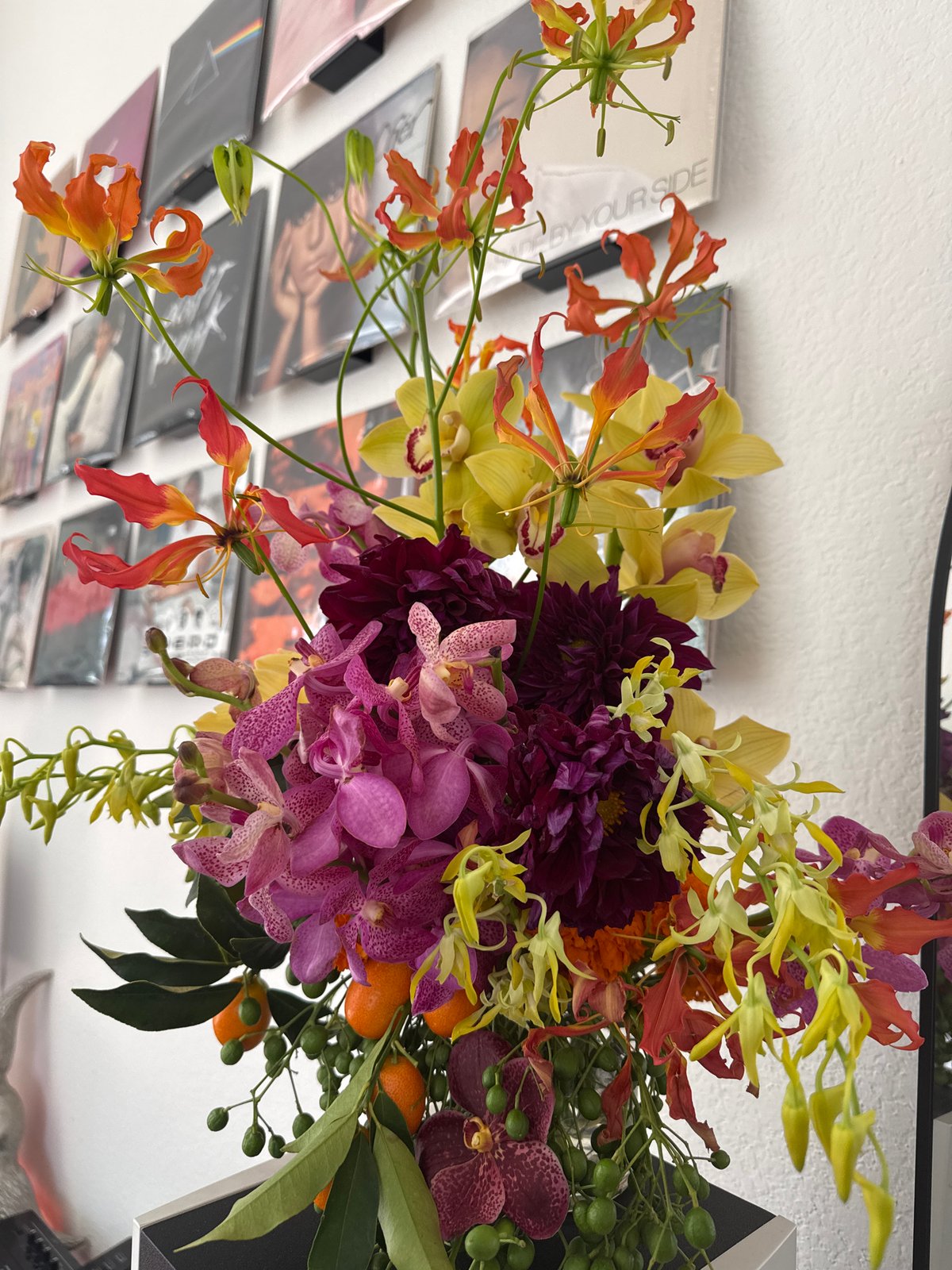 Colorful floral arrangement with orchids, lilies photographed in Los Angeles