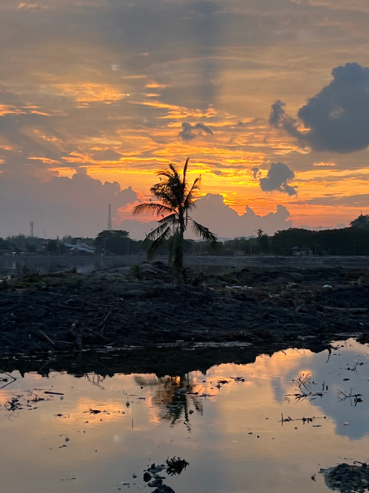 Egrets and pollution meet a fiery sunset on Lhokseumawe's waterfront
