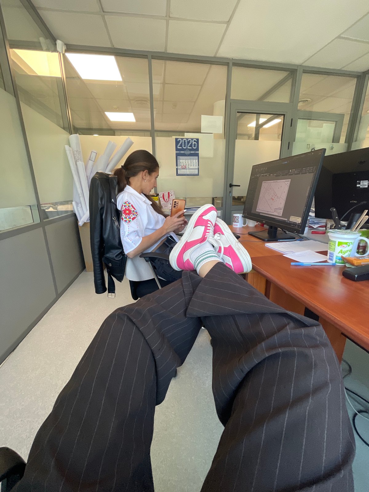 Office worker documents routine morning activities in Sofia