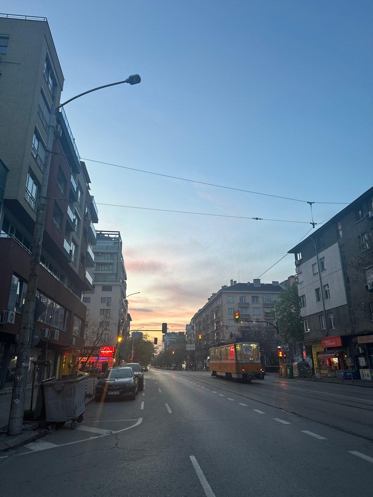 Dusk street scene captured in Sofia, Bulgaria