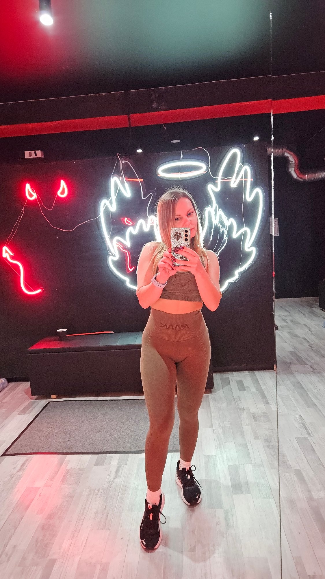 Gym visitor documents workout session in Sevastopol fitness facility