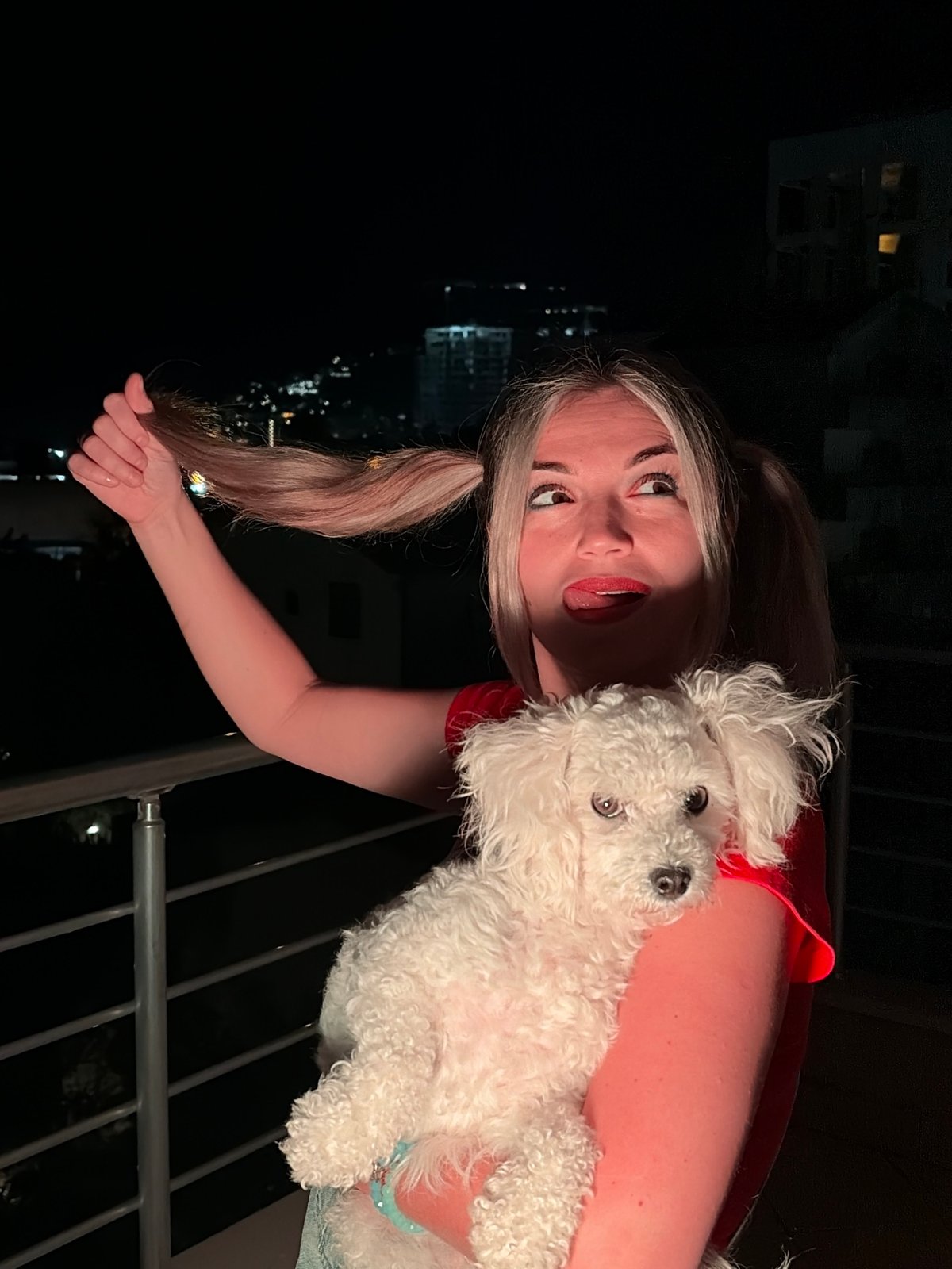 Balcony night out in Budva with a fluffy white dog