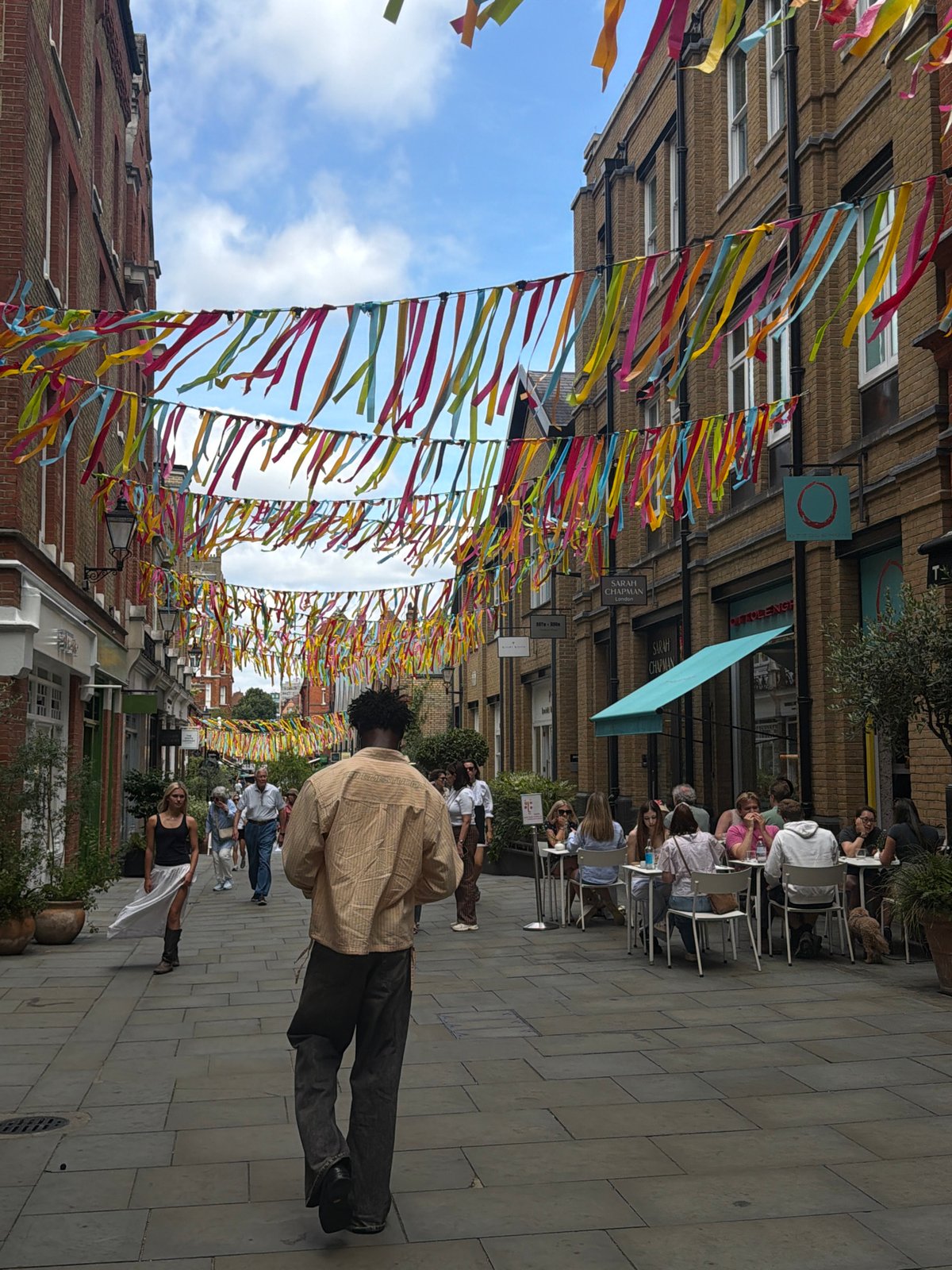 London pedestrian street dressed up with overhead colorful streamers
