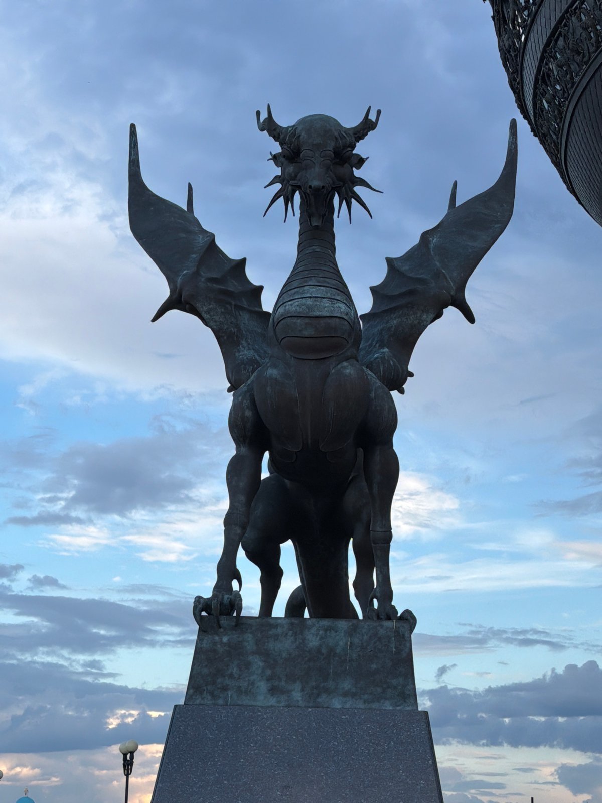 Kazan's dragon statues and landmark architecture on a cloudy afternoon