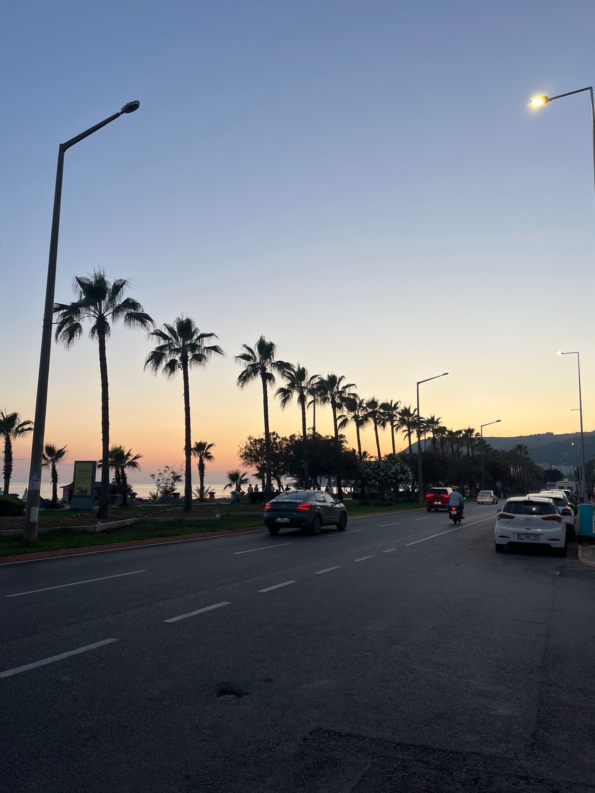 Twilight street scene documented in Alanya, Turkey