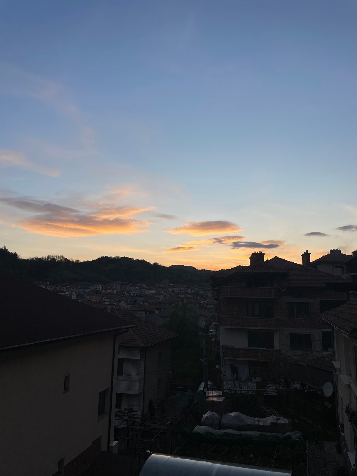 Sunset panorama captured over hillside town of Zlatograd, Bulgaria