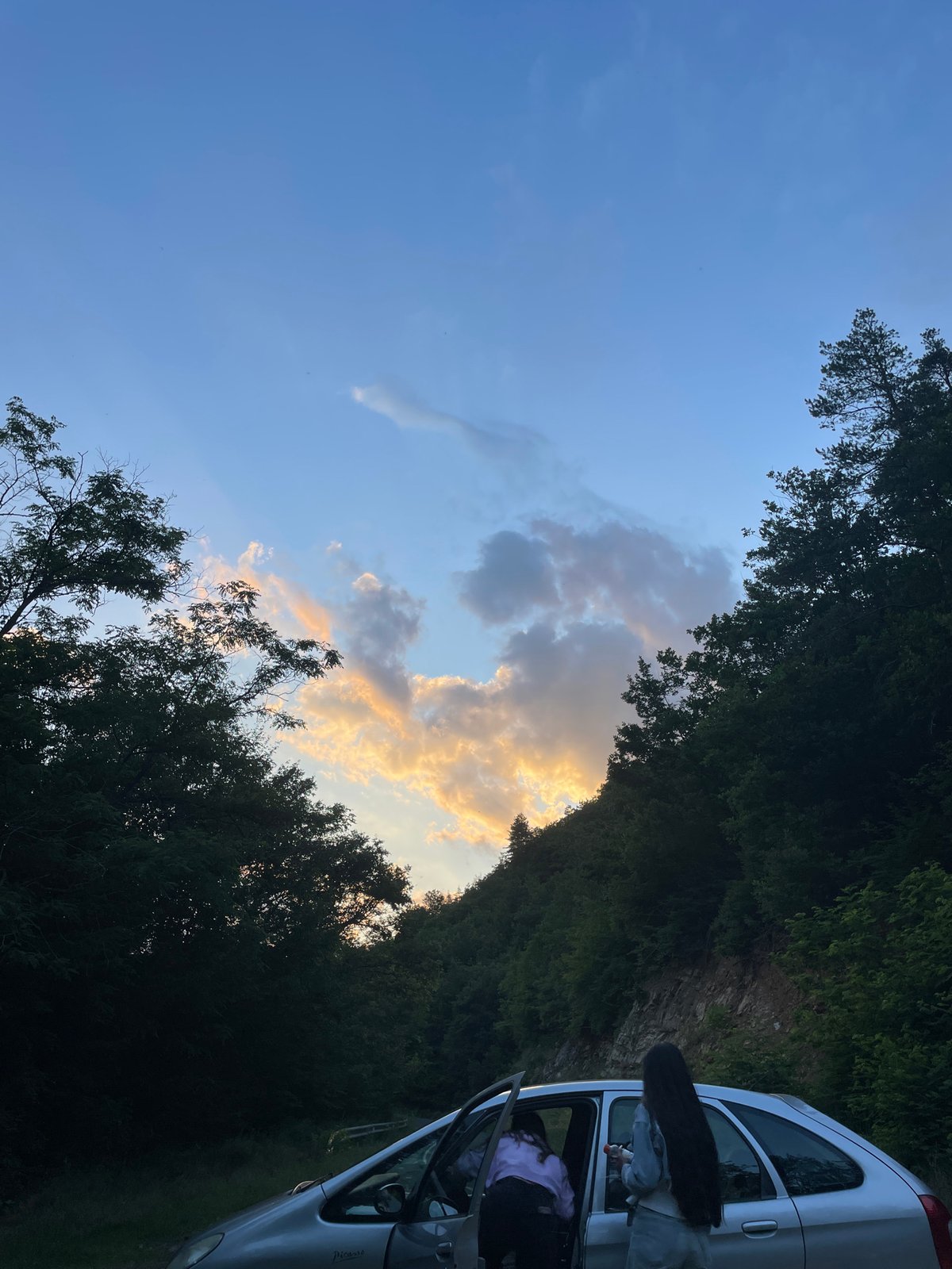Silver car with doors open, parked on forested road in Zlatograd