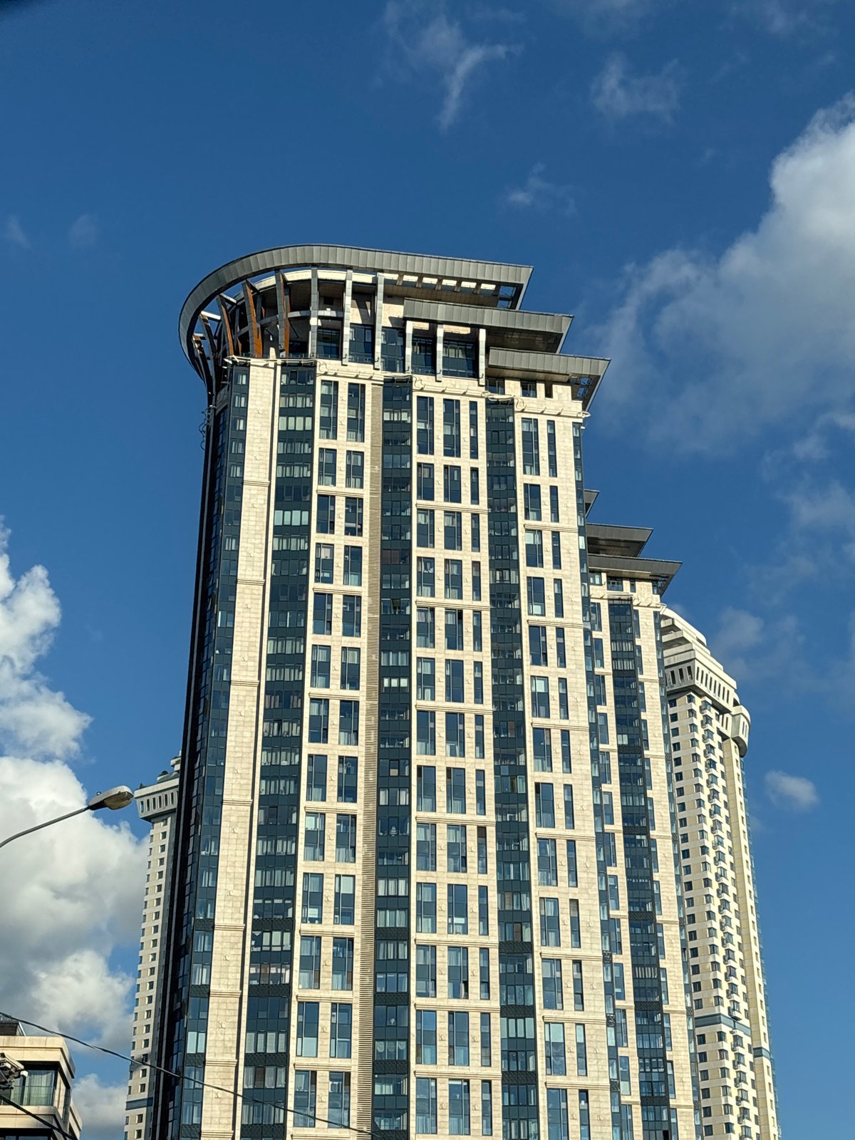 Modern Moscow residential towers, shot from street level
