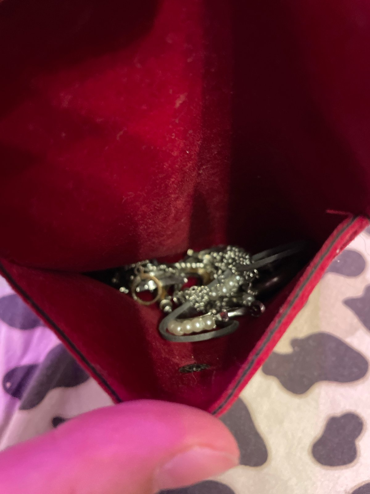 Person examines silver jewelry collection near Lake Ladoga