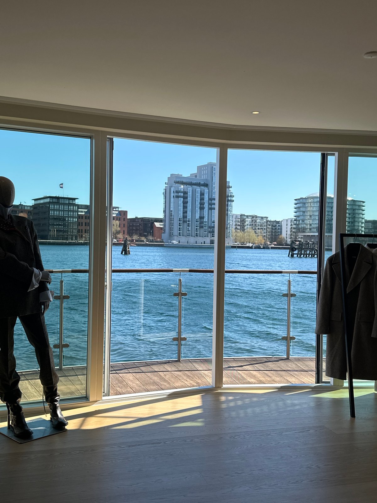 Interior view captured of Copenhagen waterfront through large windows