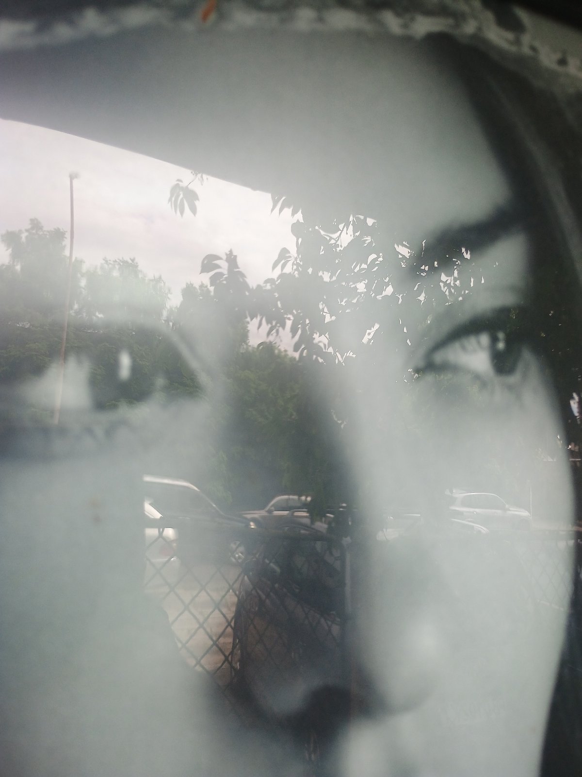 Close-up black-white portrait photograph captured with outdoor reflection overlay