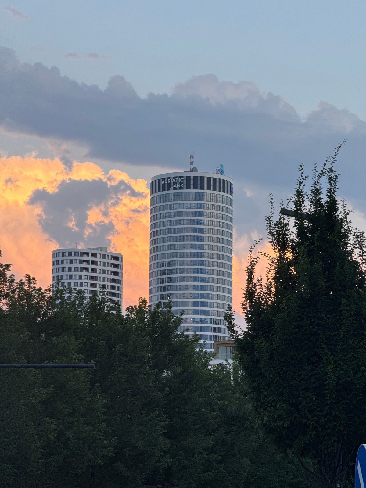 New Belgrade skyline at golden hour, Genex Tower front and center
