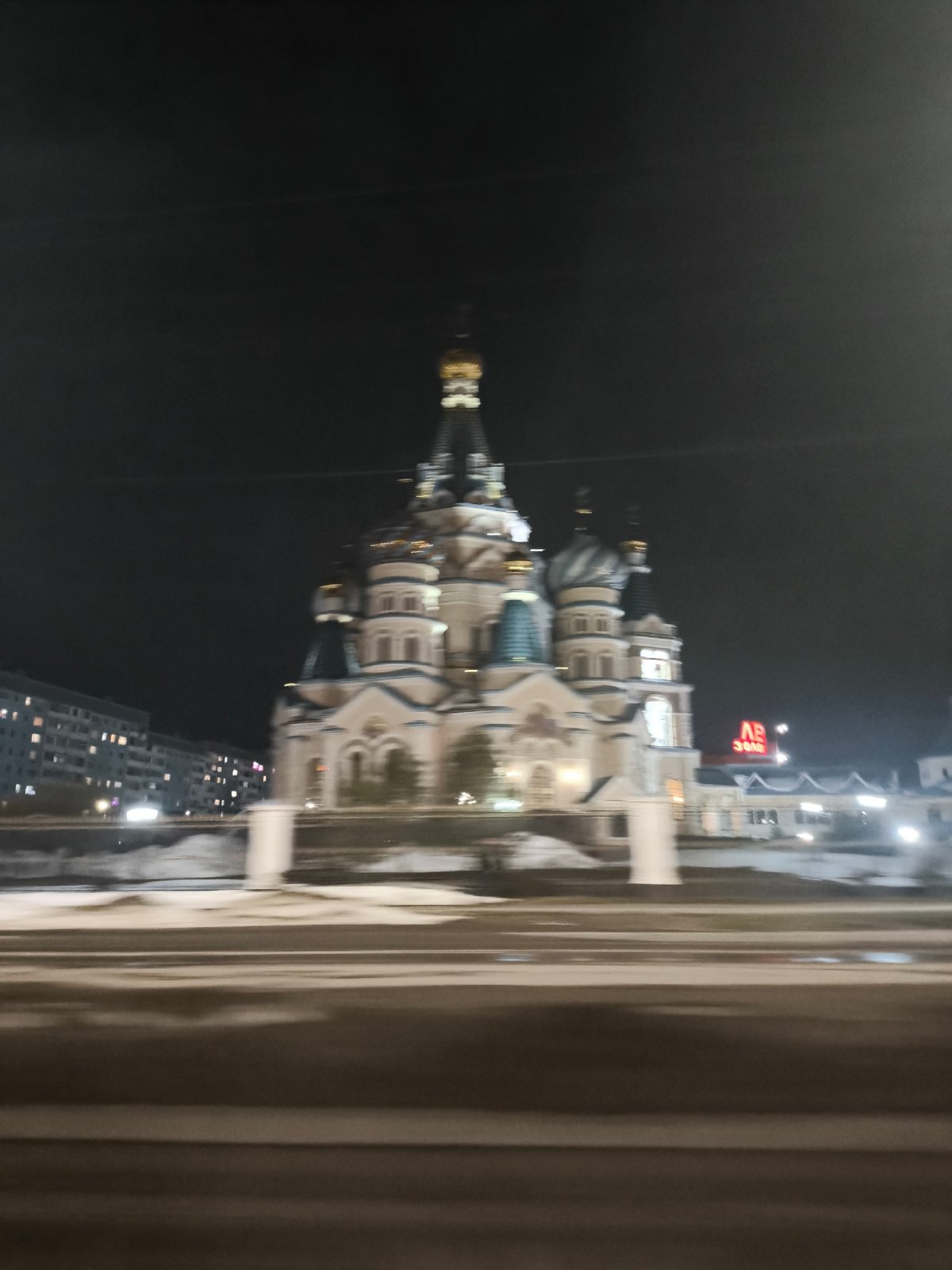 Nighttime view of Alexander Nevsky Cathedral in Izhevsk