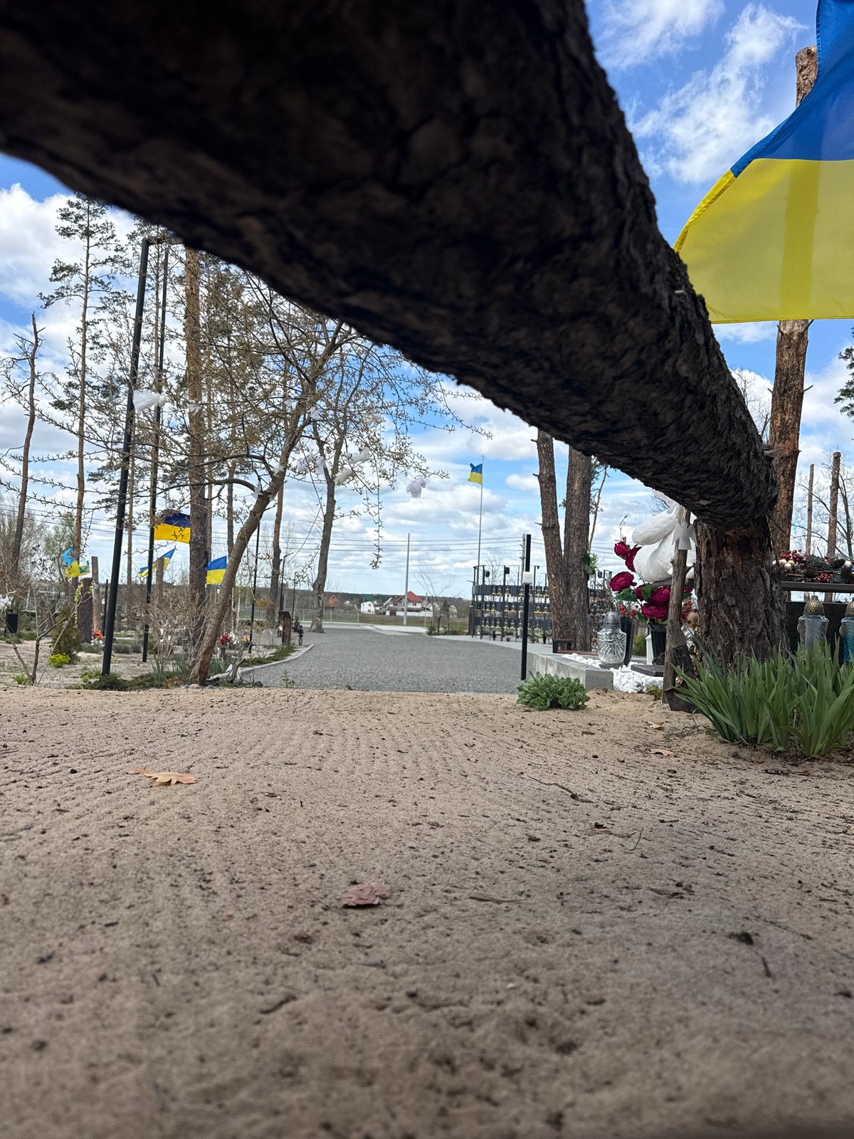 Ukrainian flag flies at Moshchun cemetery memorial site