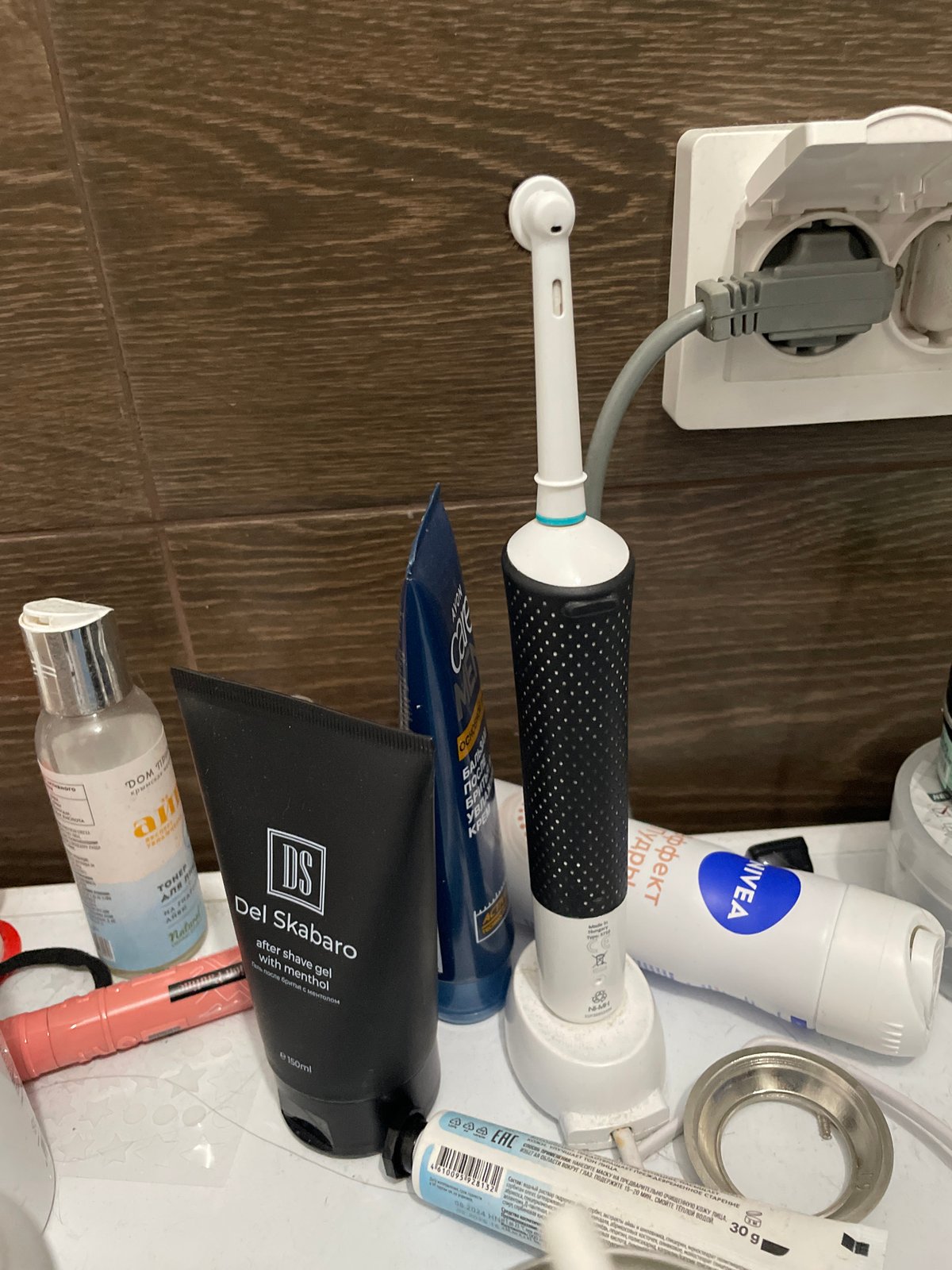 Bathroom countertop items documented in Sinyavino, Russia