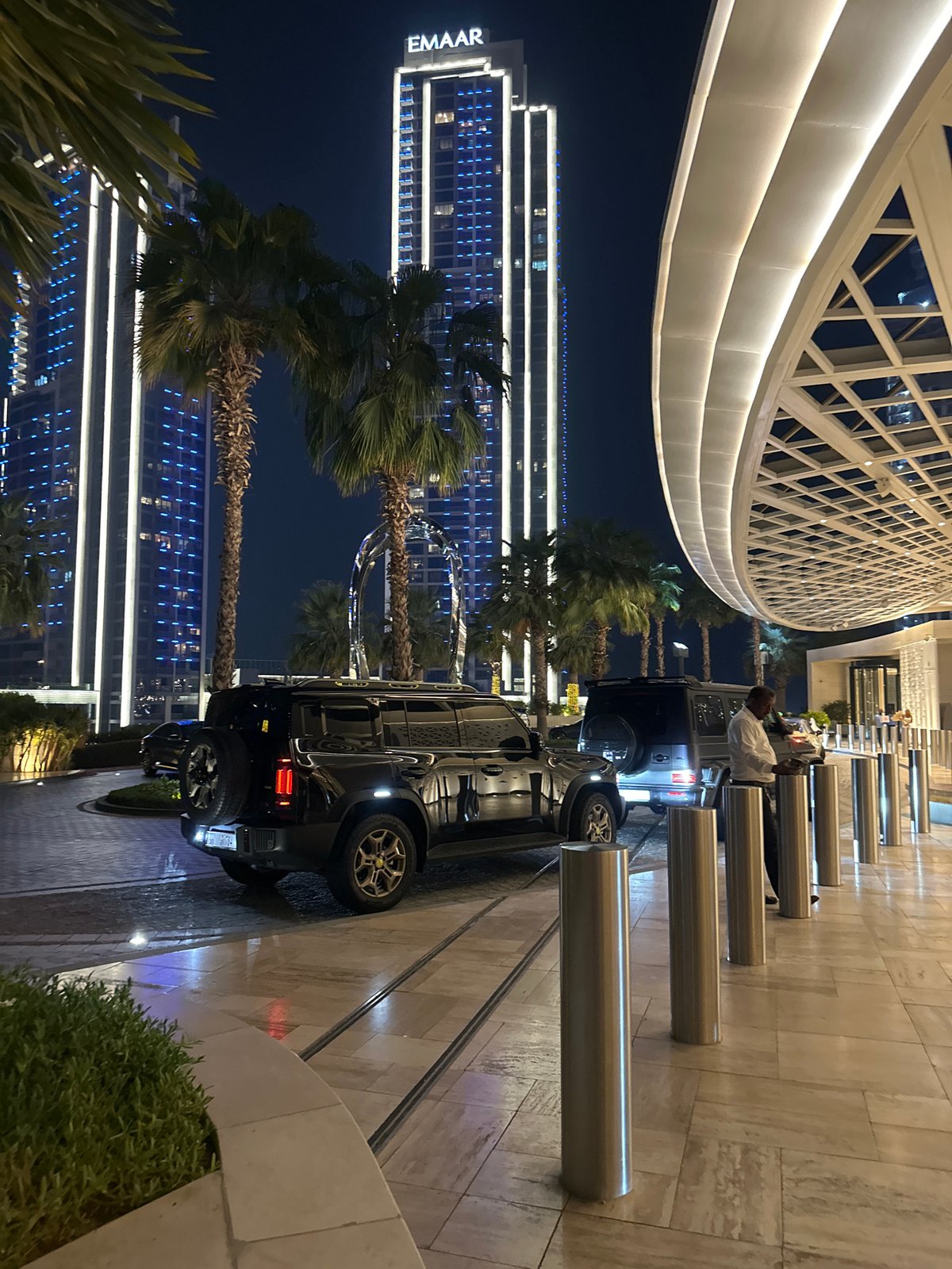 Emaar HQ glows with white and blue lighting at night