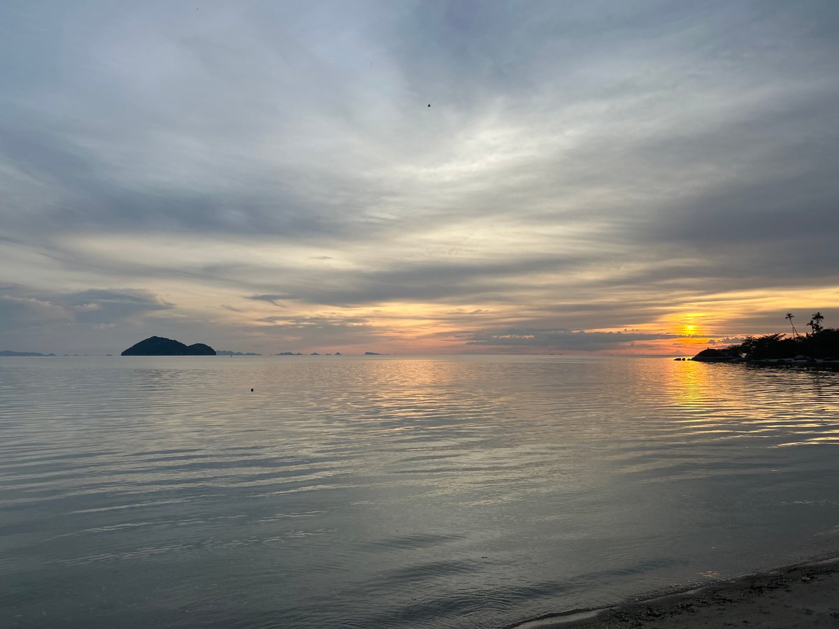 Koh Phangan beach at sunset — boats, islands, and a digging dog