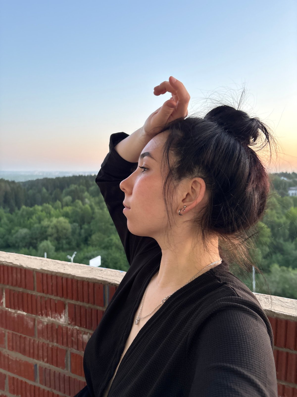 Sunset moments captured from Izhevsk rooftop with woman and cat